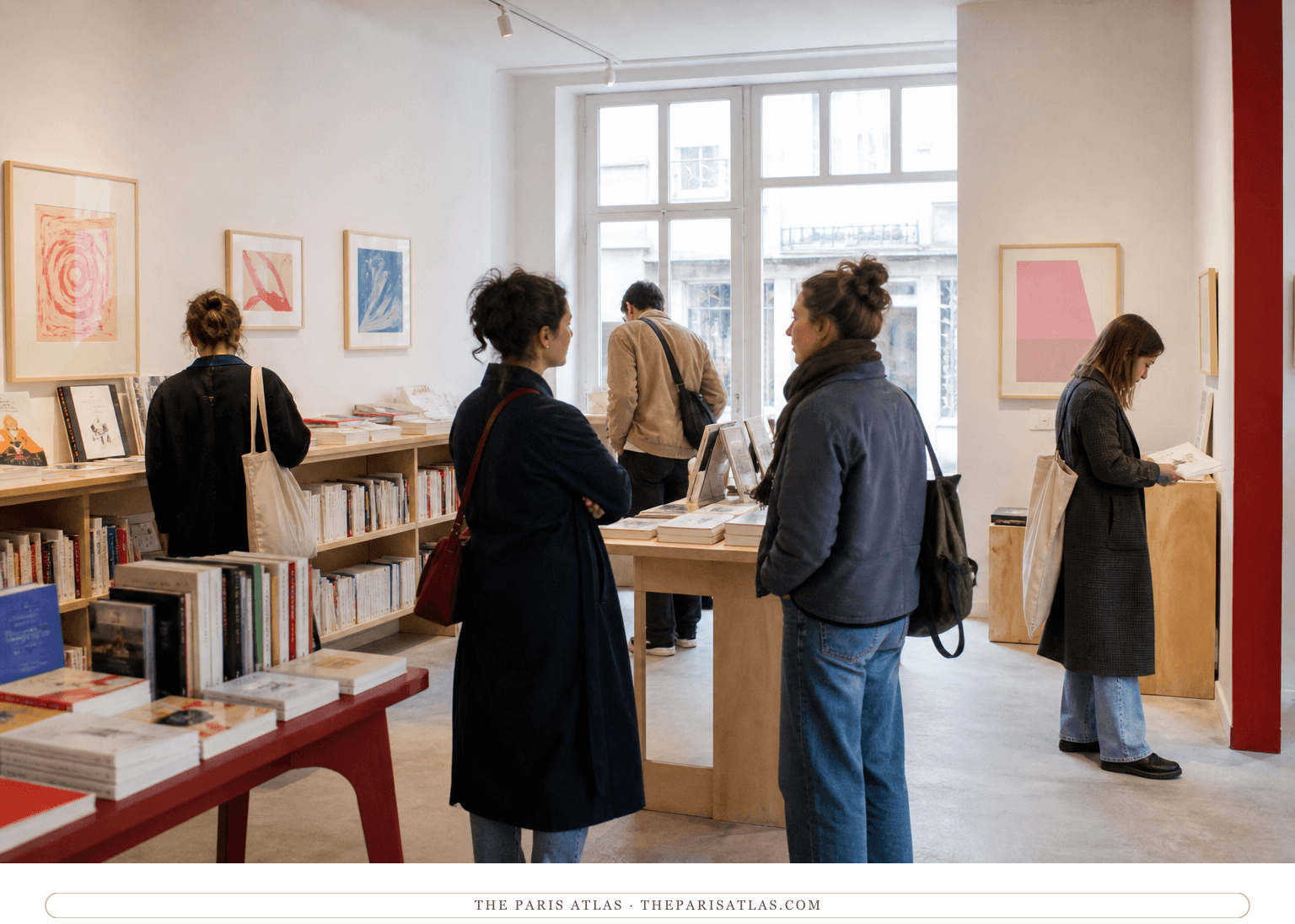 Visitors browsing books and anonymous prints in the bookshop's gallery area