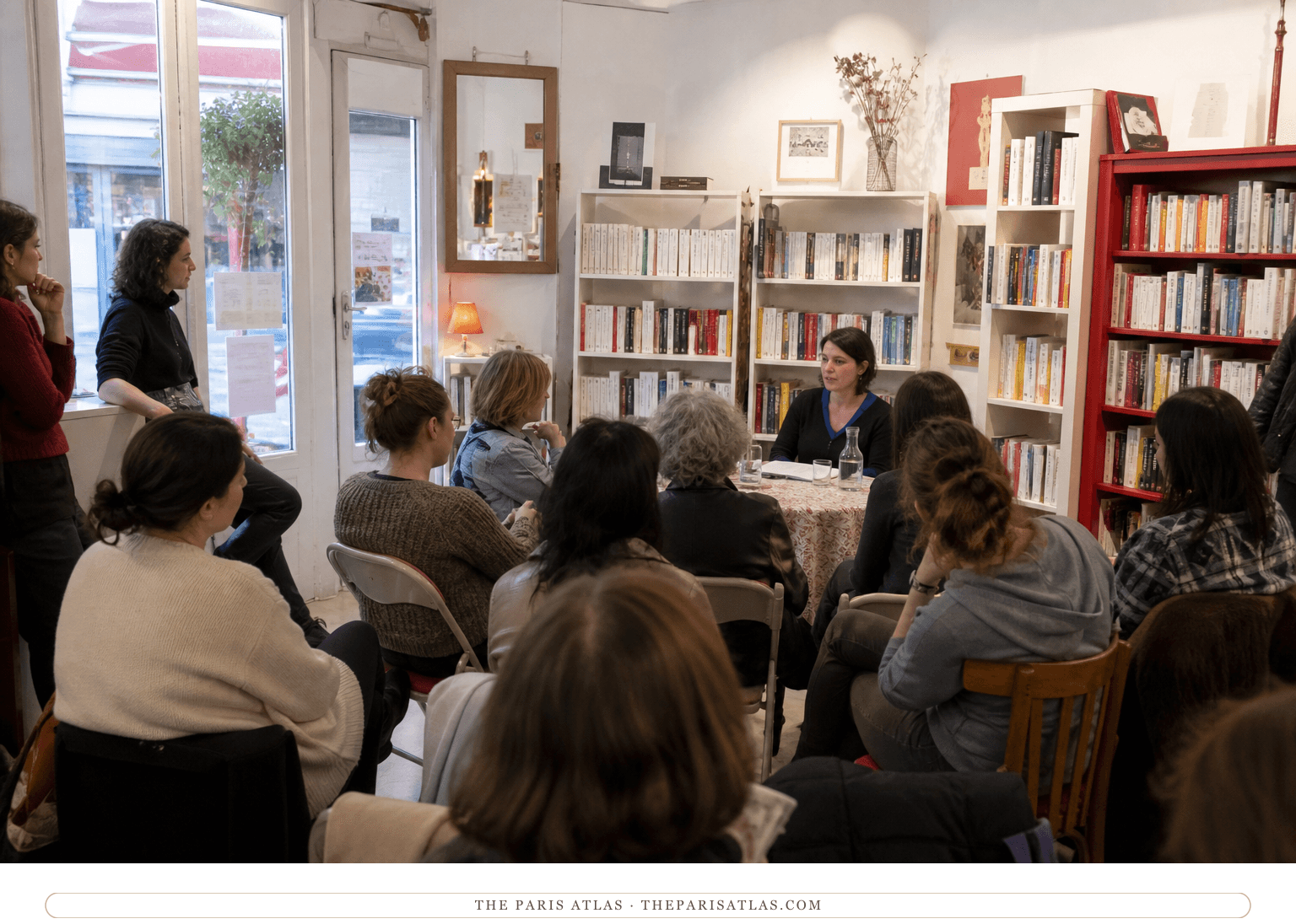 A small audience gathered for a reading inside the Librairie des Femmes