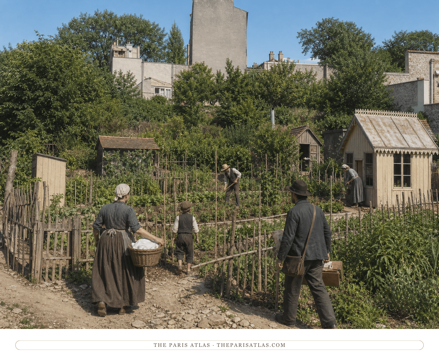 Color reconstruction of market gardeners, a laundress, child and anonymous artist among Montmartre garden plots in 1887
