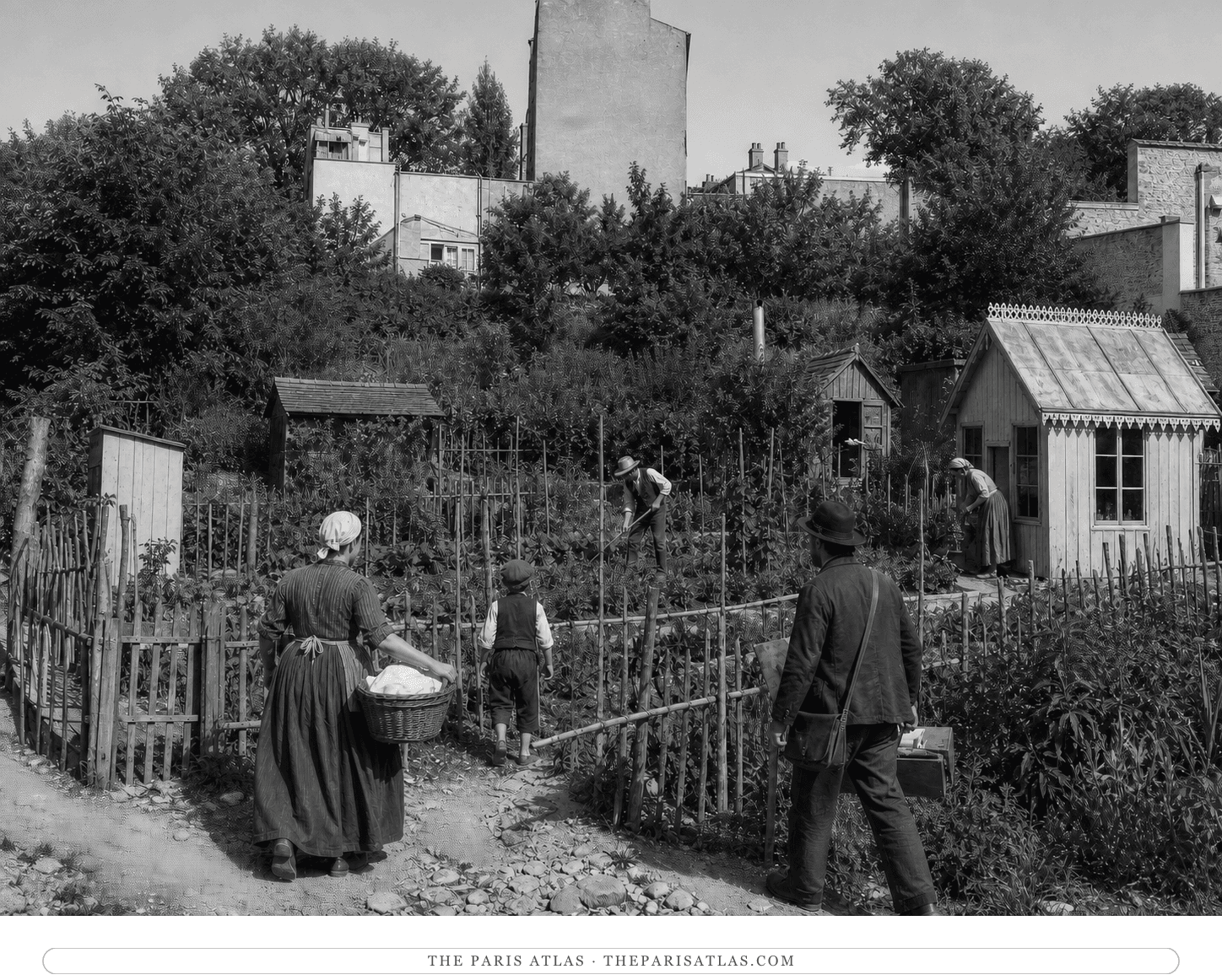 Black-and-white reconstruction of hillside garden plots and wooden sheds in old Montmartre in June 1887