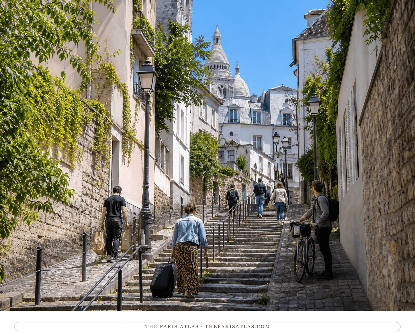 Residents and visitors climbing a steep residential stair street beneath Sacré-Cœur in Montmartre
