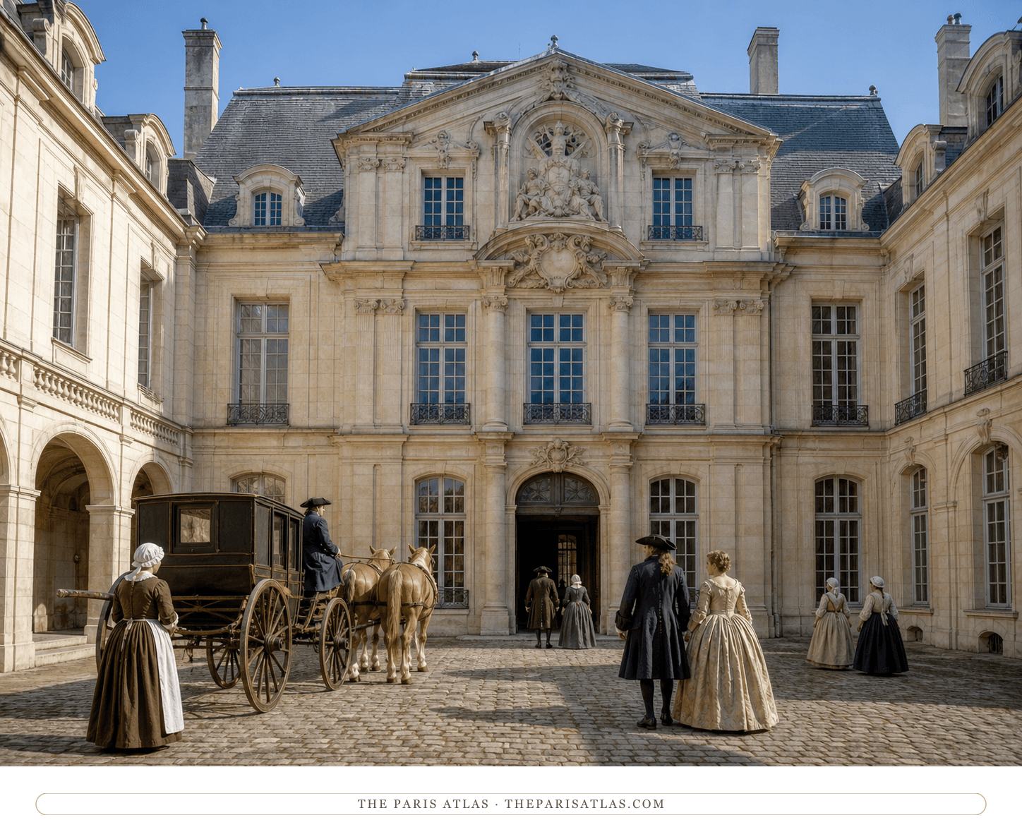 Natural-color reconstruction of a carriage, servants and visitors at the Hotel Sale around 1660