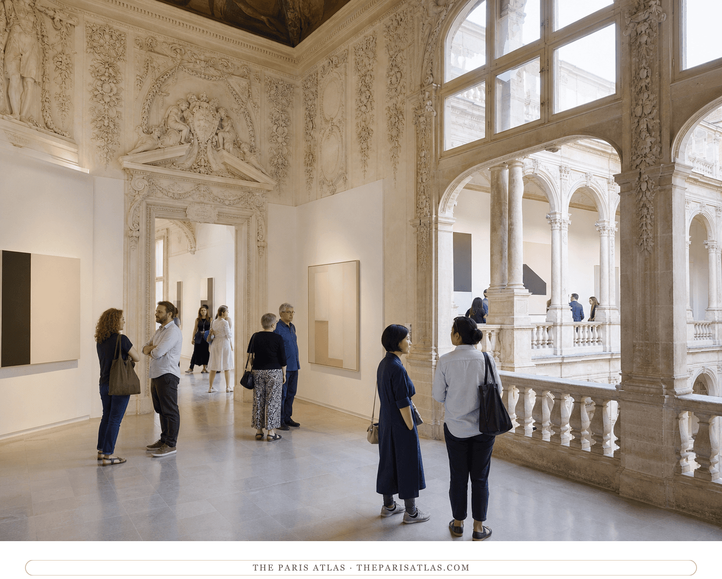 Visitors in the ornate Salon de Jupiter and upper loggia at the Picasso Museum