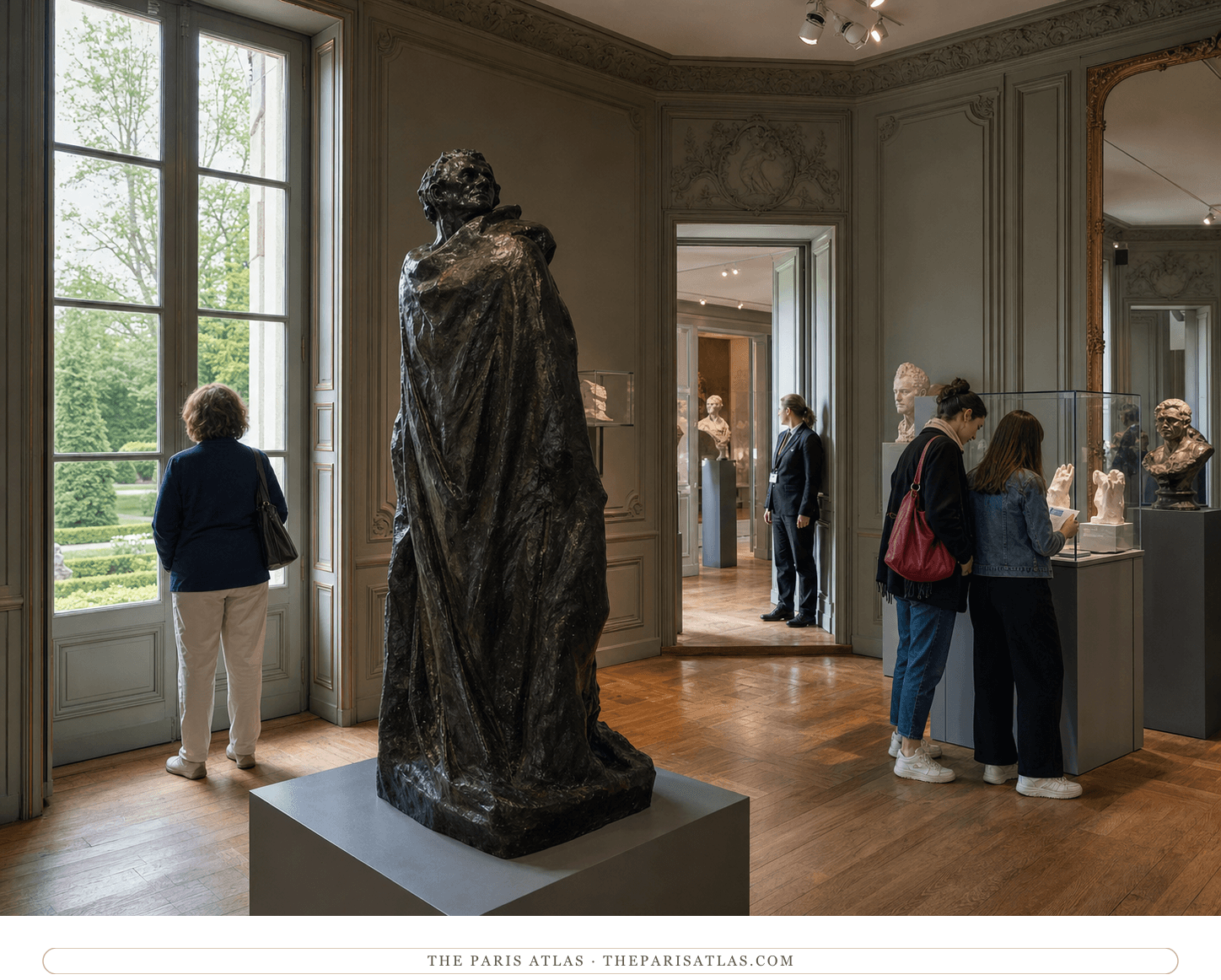 Visitors examining a robed Balzac study and smaller sculptures in a garden-facing Musée Rodin room