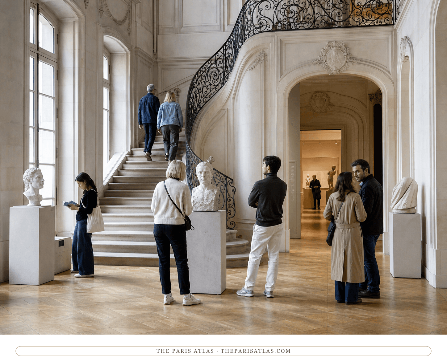 Present-day visitors in the pale stone Cantor Hall and staircase inside the Musée Rodin