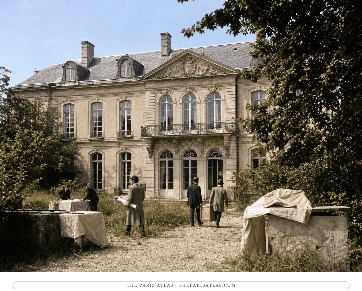 Color reconstruction of assistants working in the overgrown Hôtel Biron garden around 1910