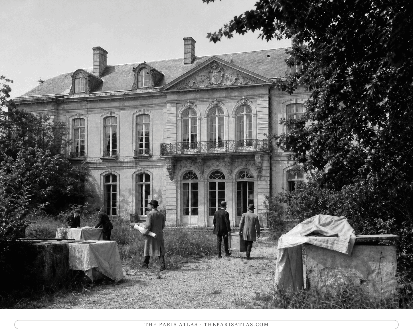 Black-and-white reconstruction of the neglected Hôtel Biron garden and studio activity around 1910