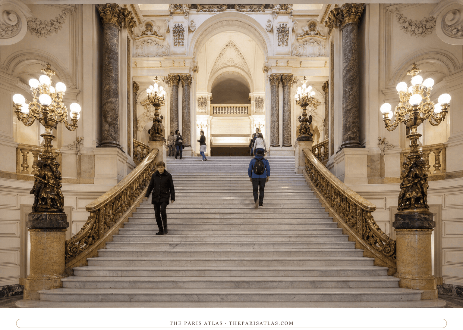 Photorealistic view of the ceremonial marble staircase inside the Opera-Comique
