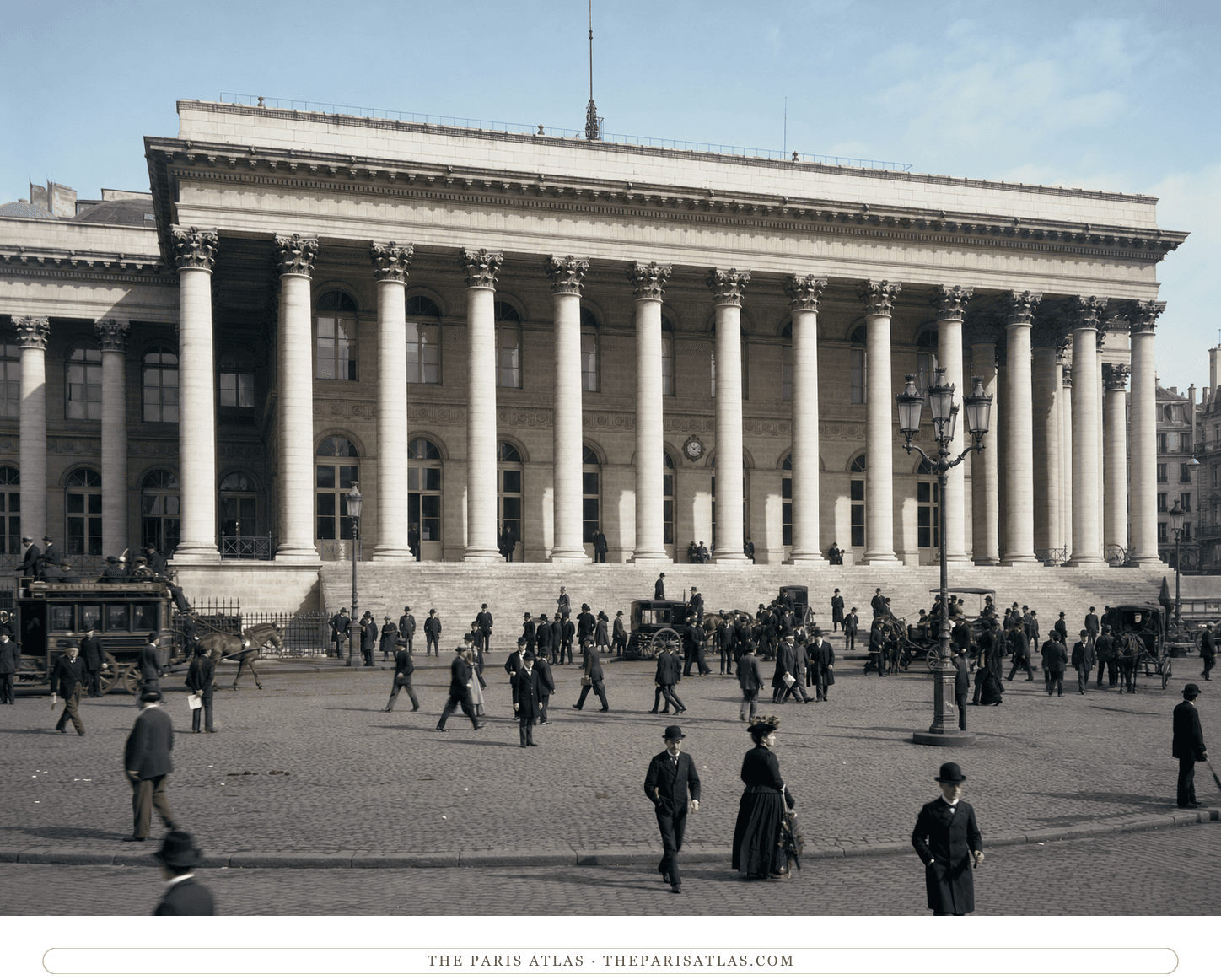 Natural-color reconstruction of the busy Palais Brongniart and place de la Bourse around 1880