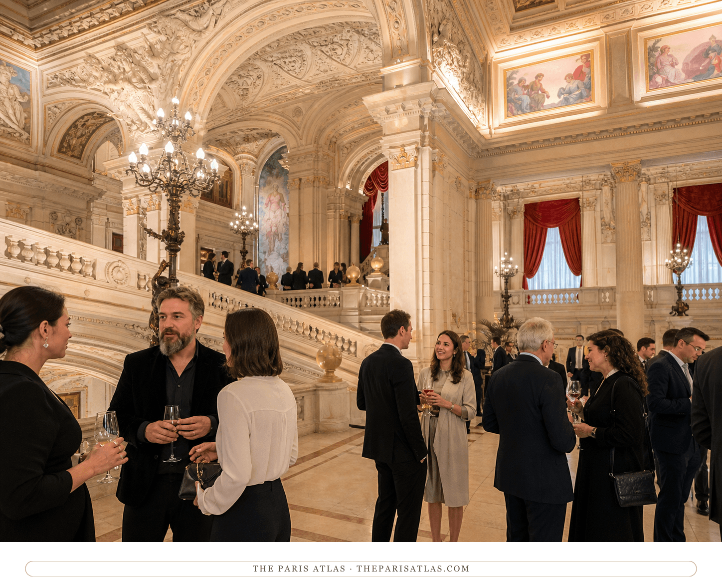 Guests at a reception beside the monumental staircase in the Salon d'Honneur