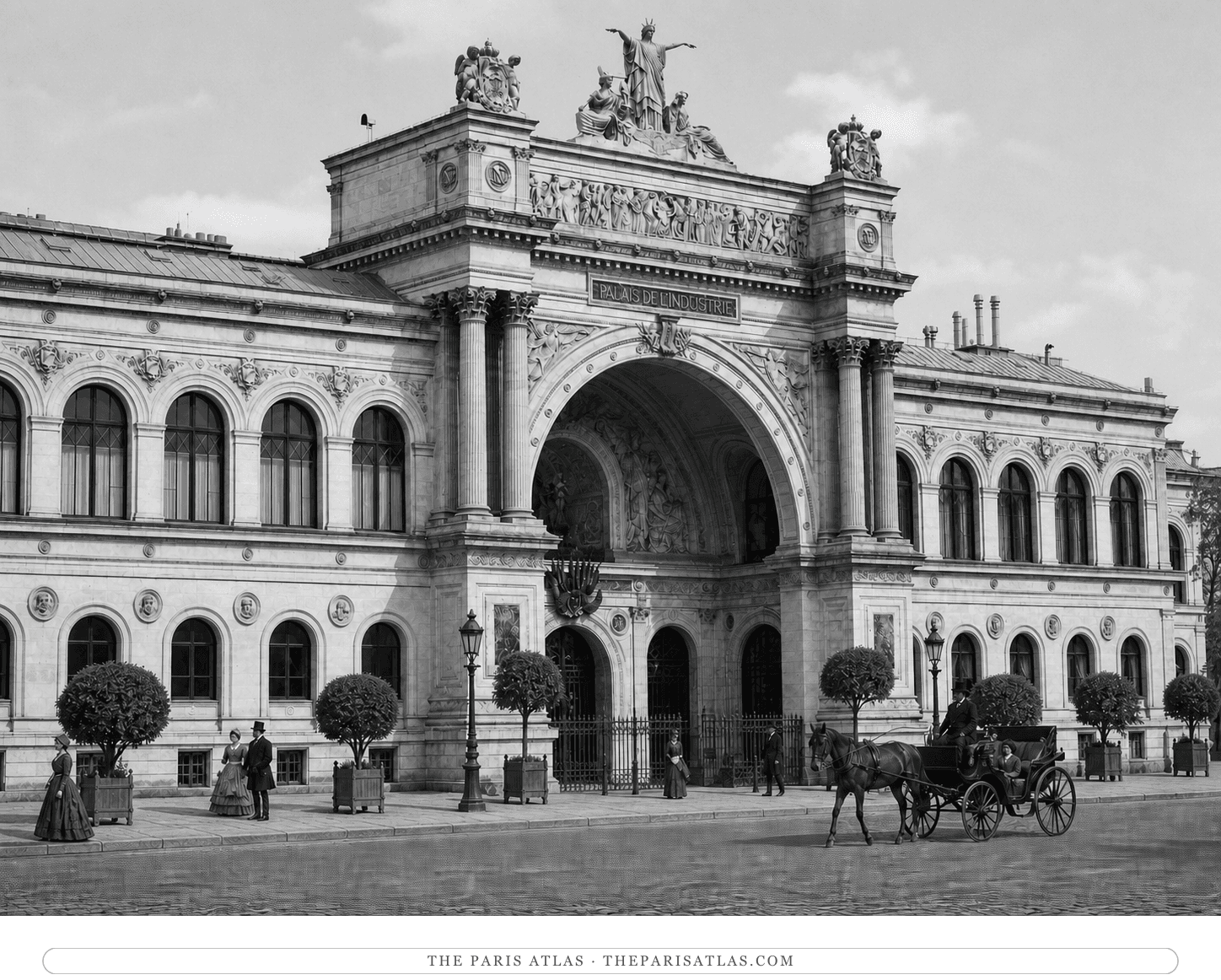 Black-and-white photorealistic reconstruction of the Palais de l'Industrie around 1865