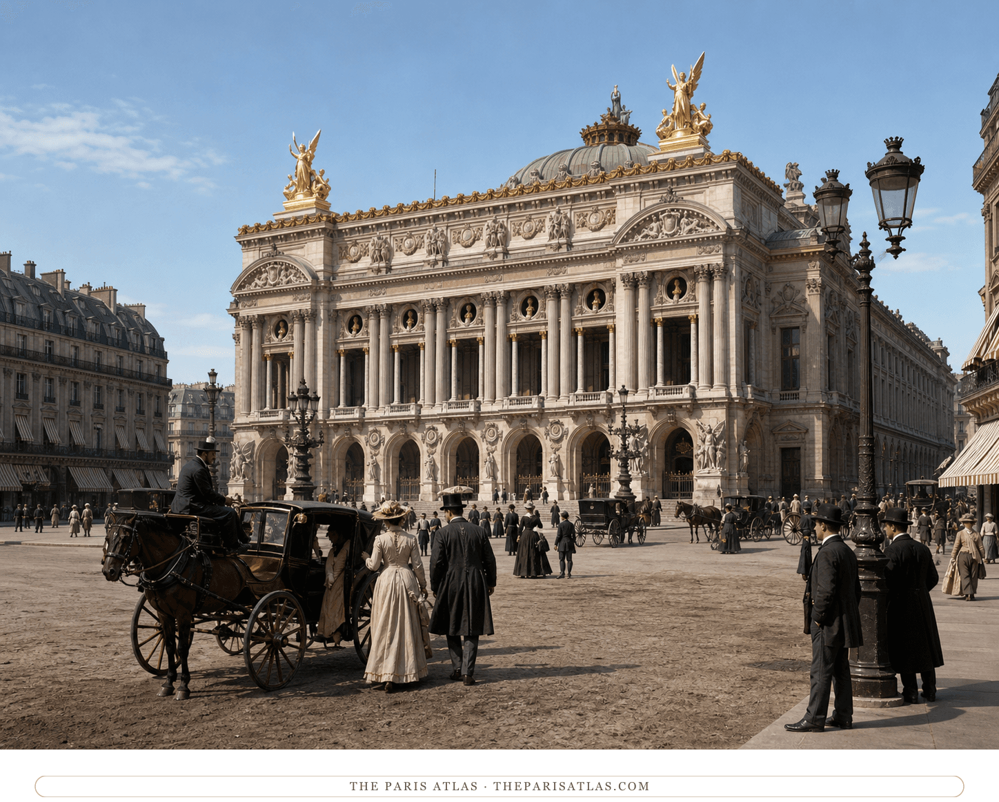Color reconstruction of late-1890s visitors and horse-drawn fiacres arriving at the Palais Garnier
