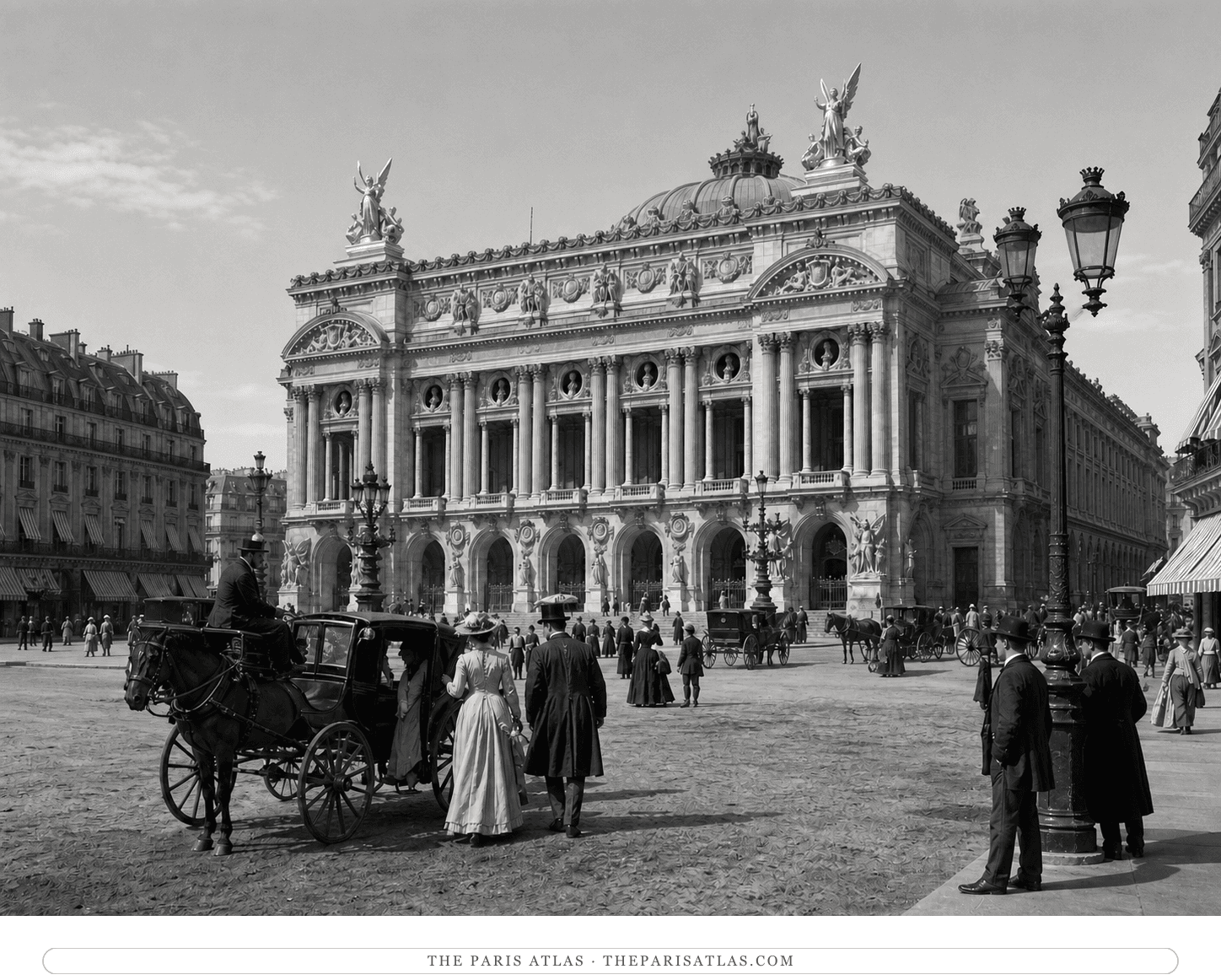 Black-and-white reconstruction of people and horse-drawn fiacres arriving at the Palais Garnier around 1898