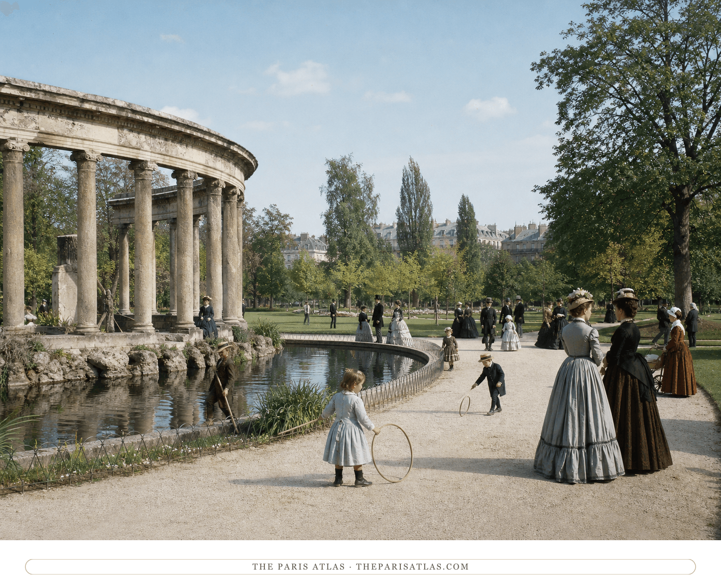 Color reconstruction of early public visitors beside the Parc Monceau colonnade around 1861