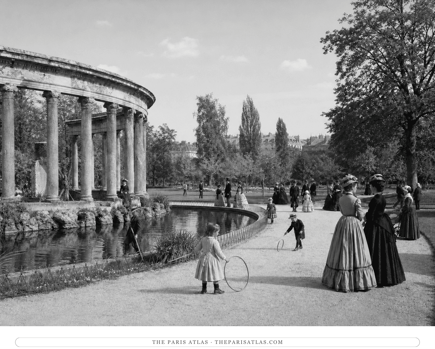 Black-and-white reconstruction of visitors and gardeners at the Parc Monceau Naumachie around 1861