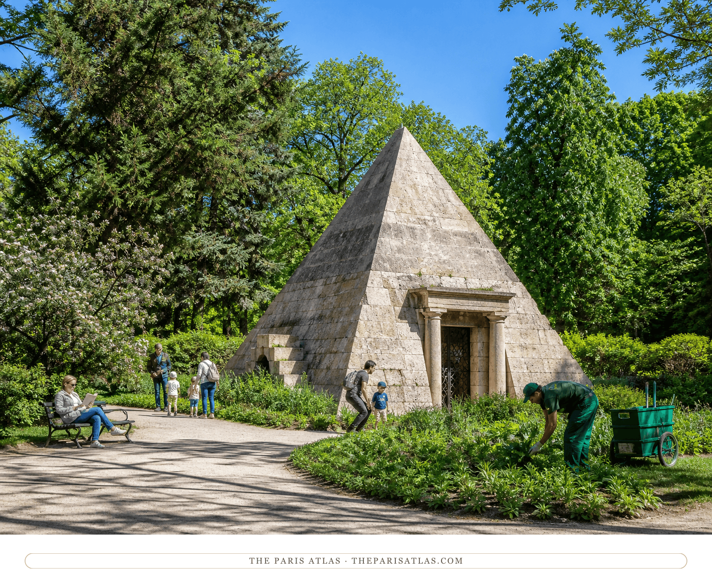Present-day visitors walking beside the small stone pyramid folly in Parc Monceau