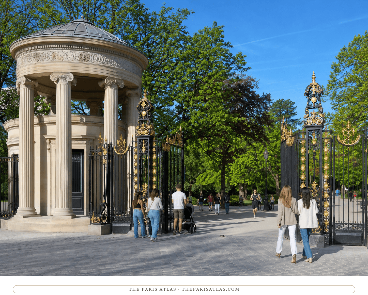 The Rotonde de Chartres and gilded Parc Monceau gates with present-day visitors