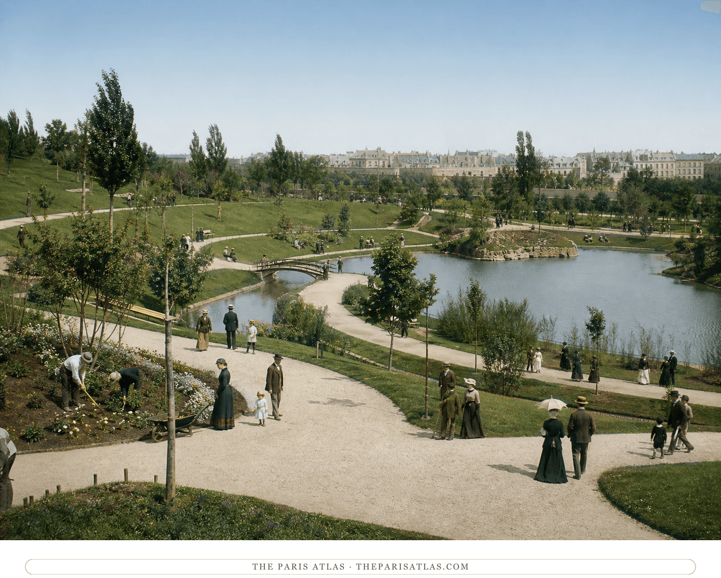 Color reconstruction of visitors and gardeners in the newly completed Parc Montsouris around 1878
