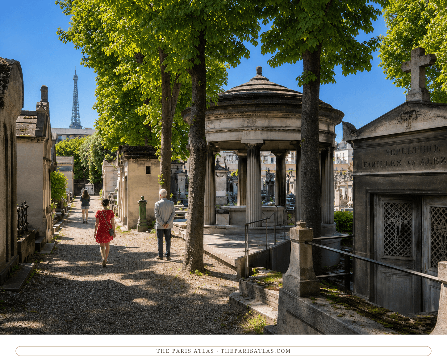Photorealistic tree-lined avenue inside Passy Cemetery with the Eiffel Tower beyond