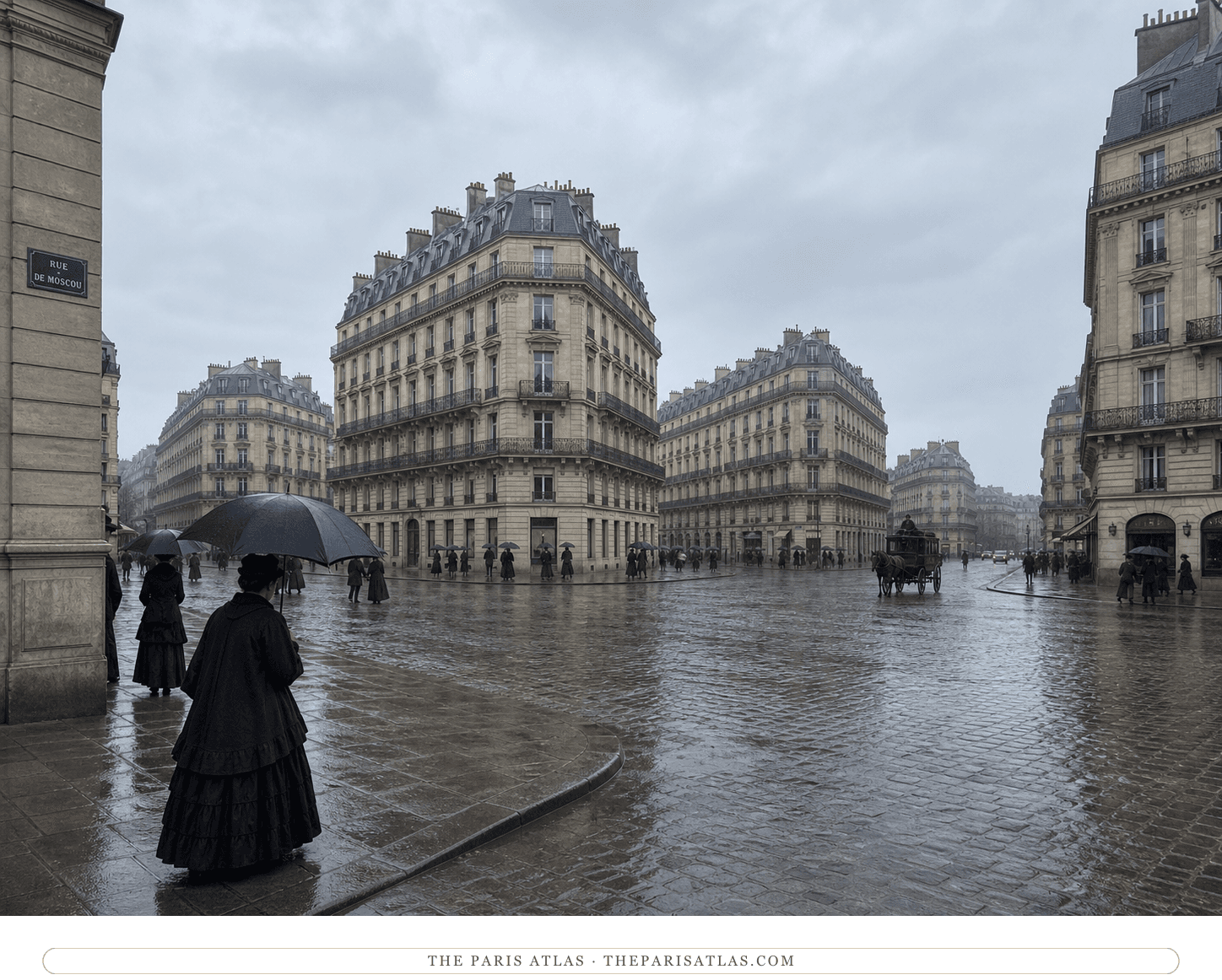 Natural-color reconstruction of umbrella-carrying pedestrians at Place de Dublin in 1877