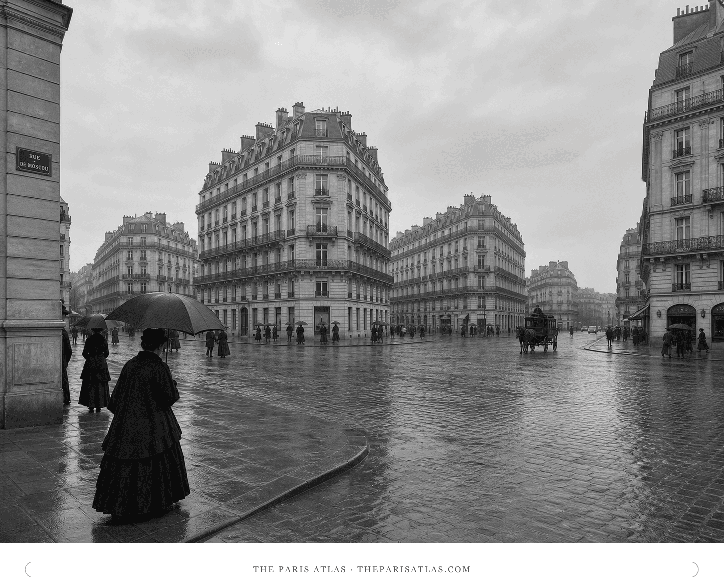 Black-and-white reconstruction of Place de Dublin on a rainy day in 1877