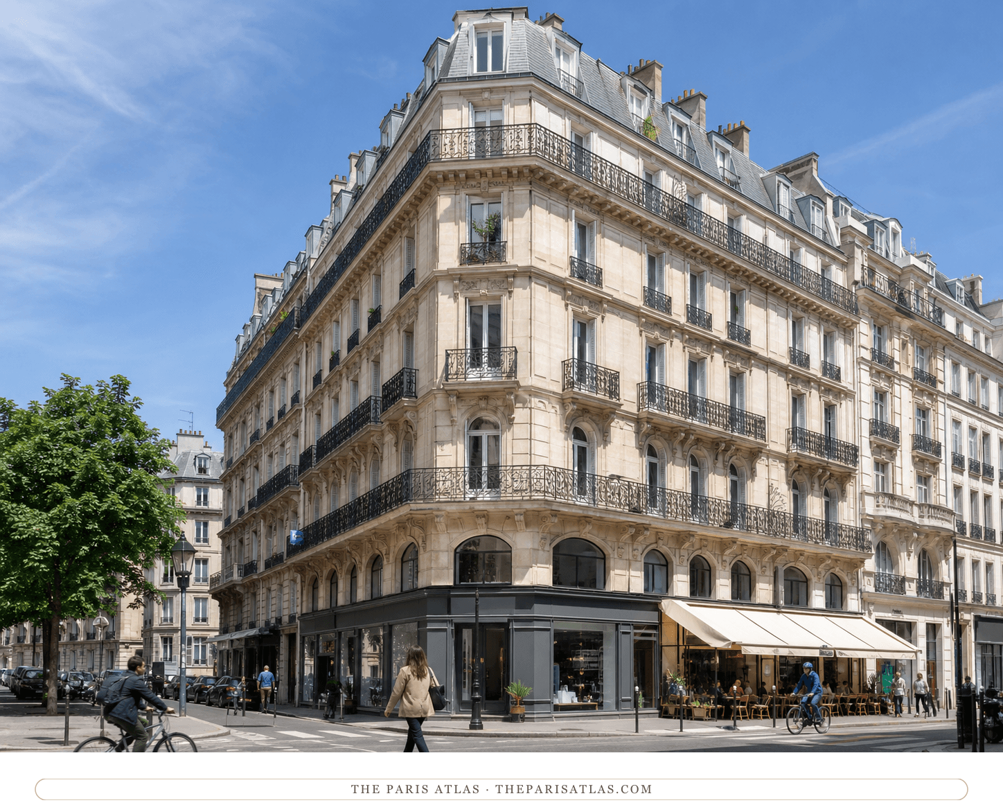 Close present-day view of an acute Haussmann corner building at Place de Dublin