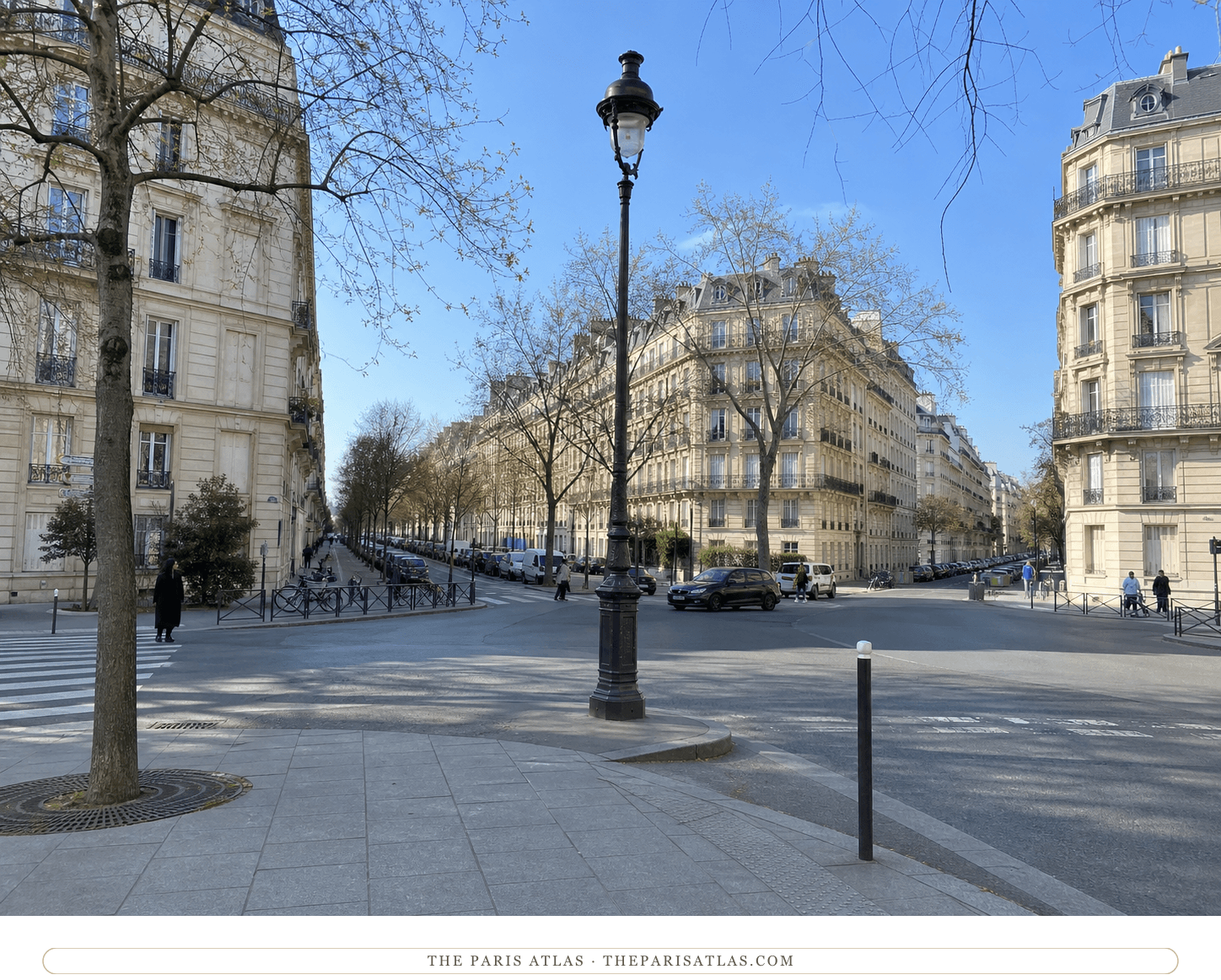 Present-day view through two diverging streets at Place de Dublin