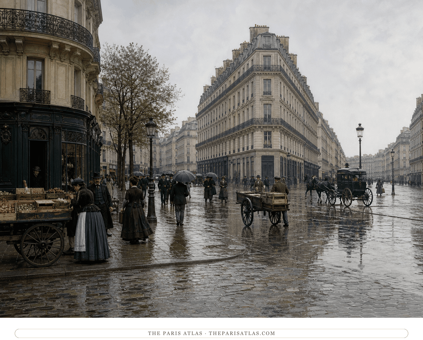 Natural-color reconstruction of vendors and carriages on wet cobbles at Place de Dublin around 1877