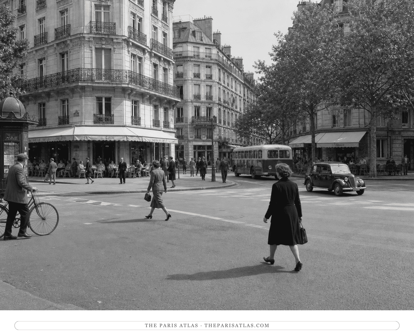 Black-and-white reconstruction of the Saint-Germain café junction around 1946