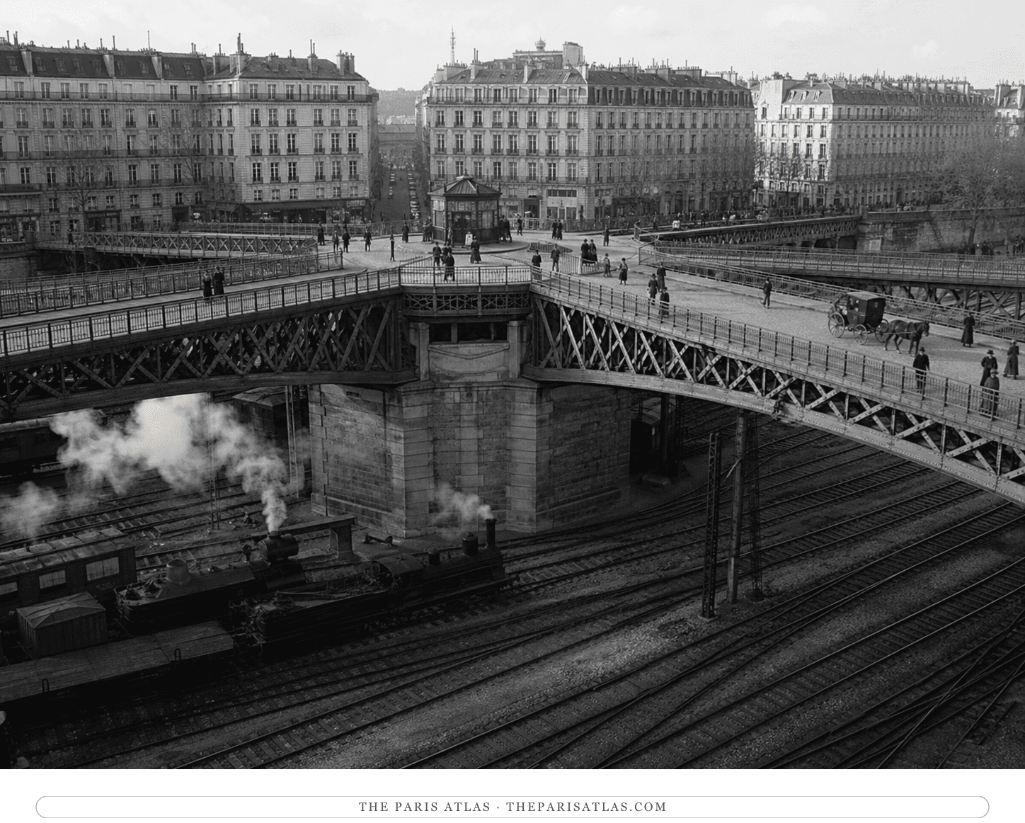 Black-and-white reconstruction of the original iron Pont de l'Europe around 1876