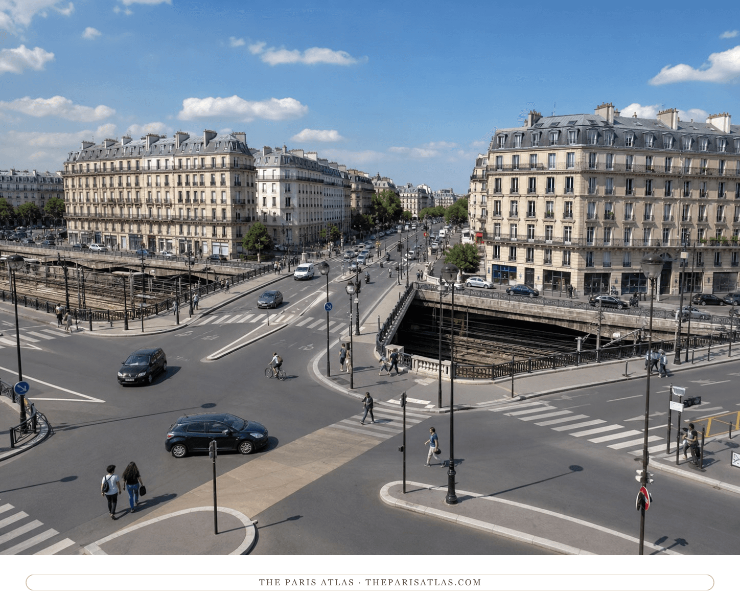 Present-day elevated view of the radial place de l'Europe above the railway cutting