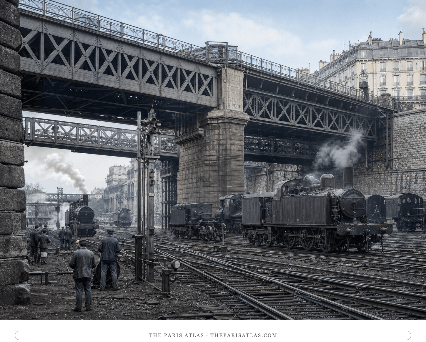 Natural-color reconstruction of steam locomotives beneath the original Pont de l'Europe around 1877