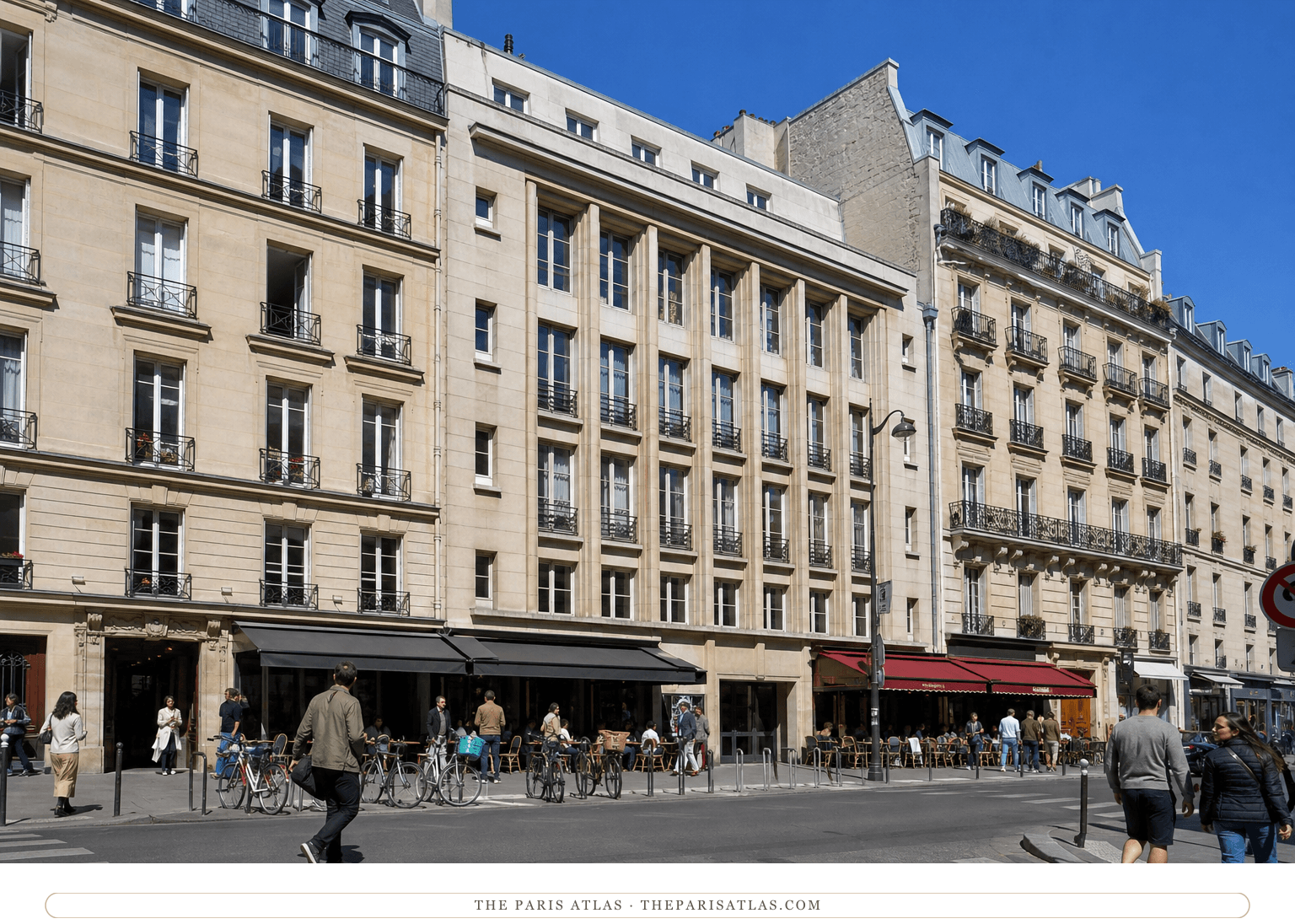 Pedestrians and café terraces along the bright present-day rue du Montparnasse