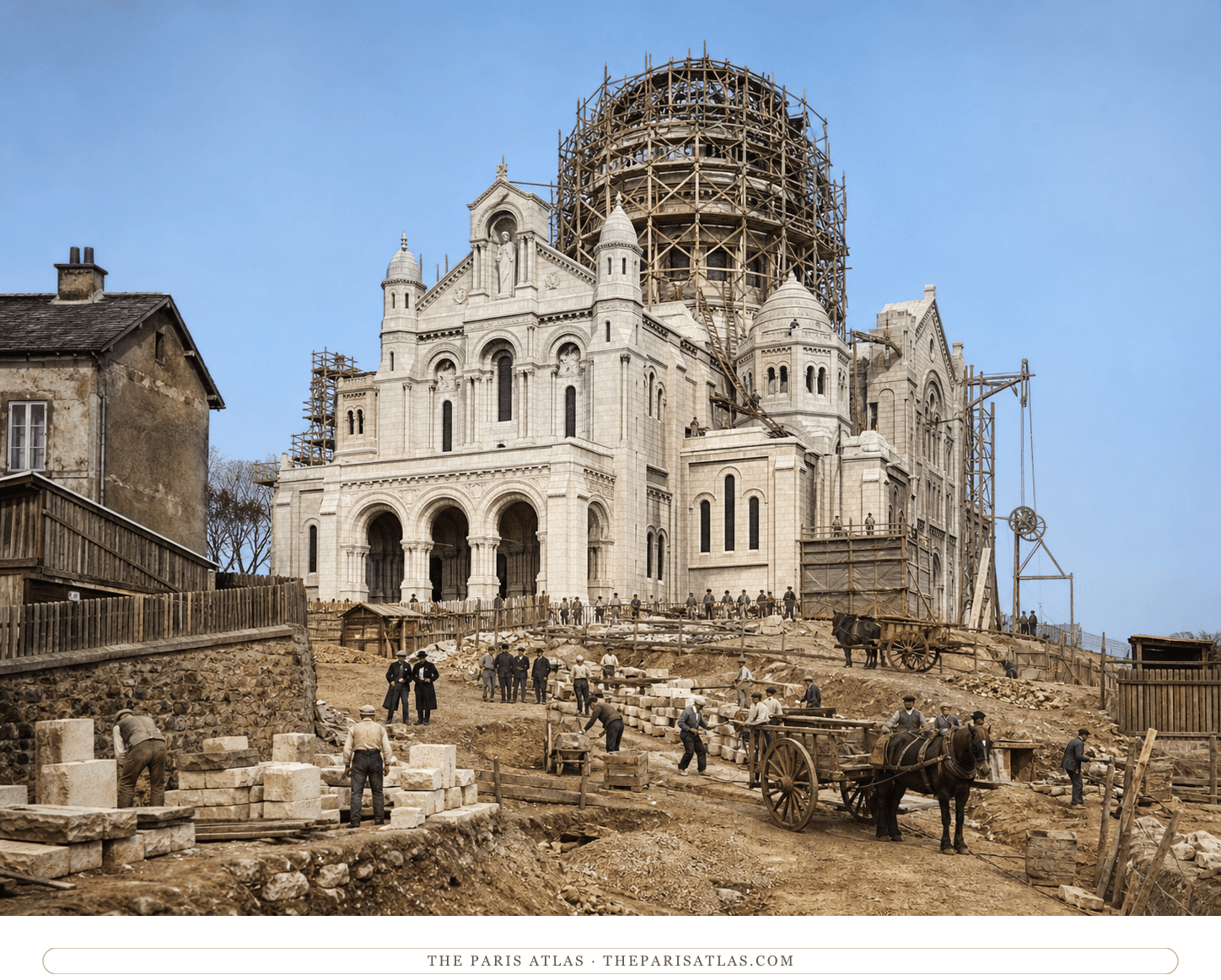 Color historically informed reconstruction of workers, stone carts and timber scaffolding at the Sacré-Cœur construction site around 1899