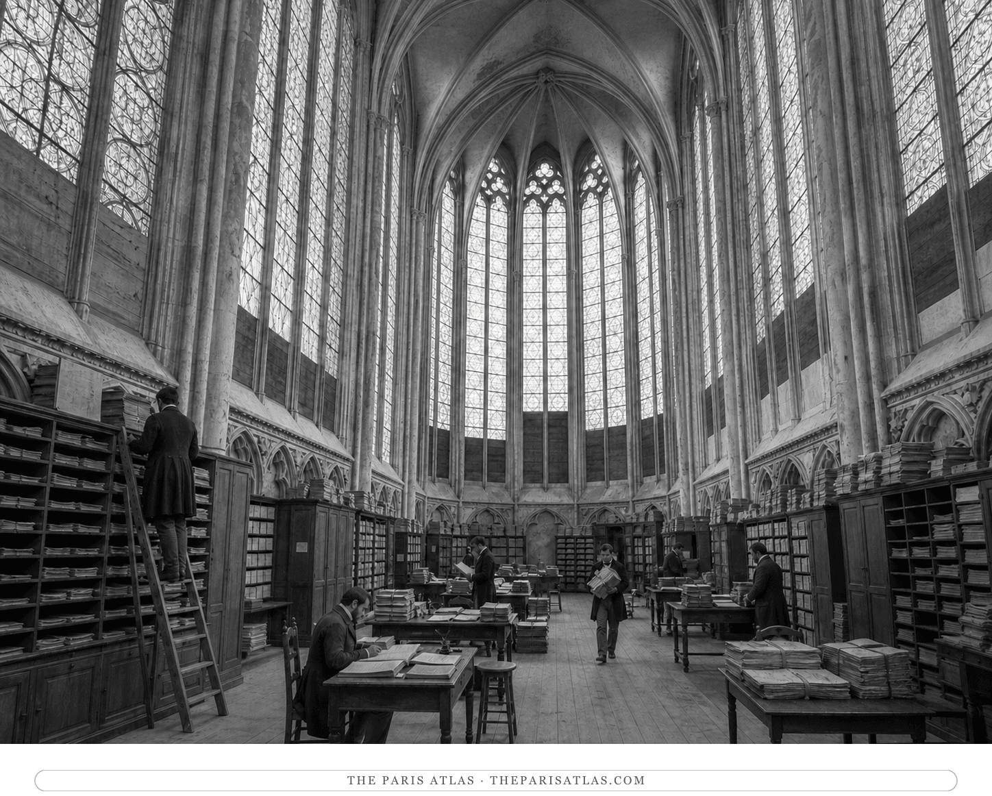 Black-and-white interpretive reconstruction of judicial clerks working among archive cabinets inside Sainte-Chapelle around 1830