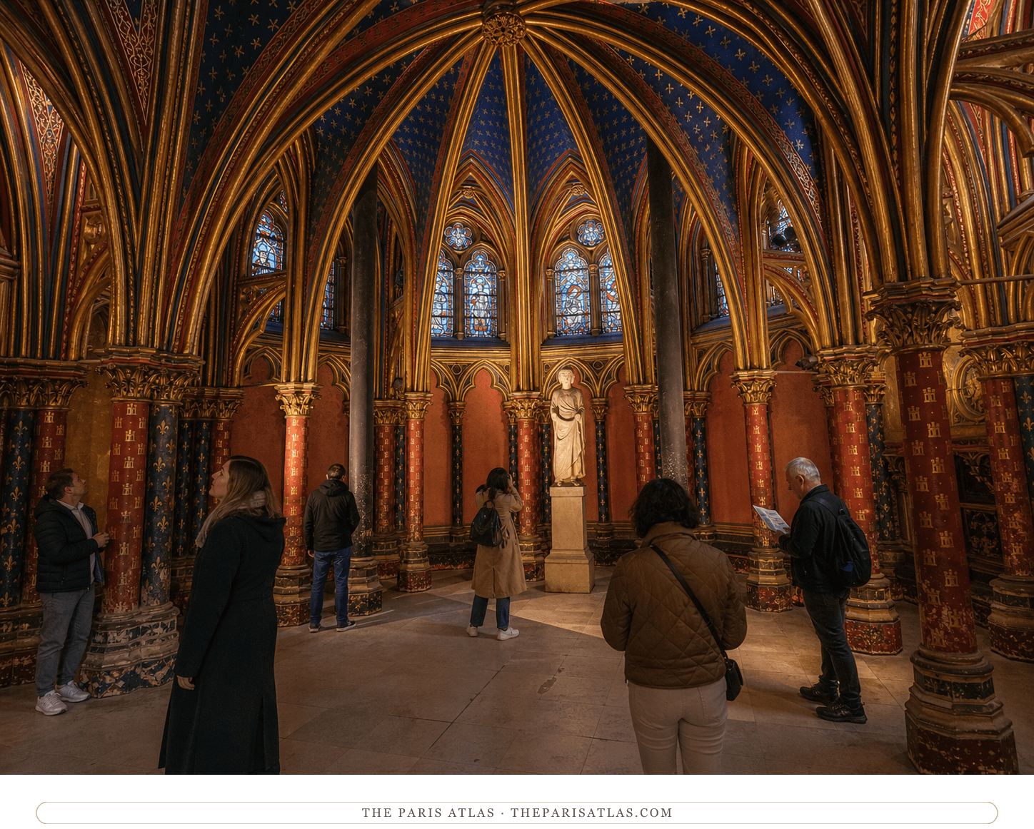 Present-day visitors in the richly painted lower chapel of Sainte-Chapelle