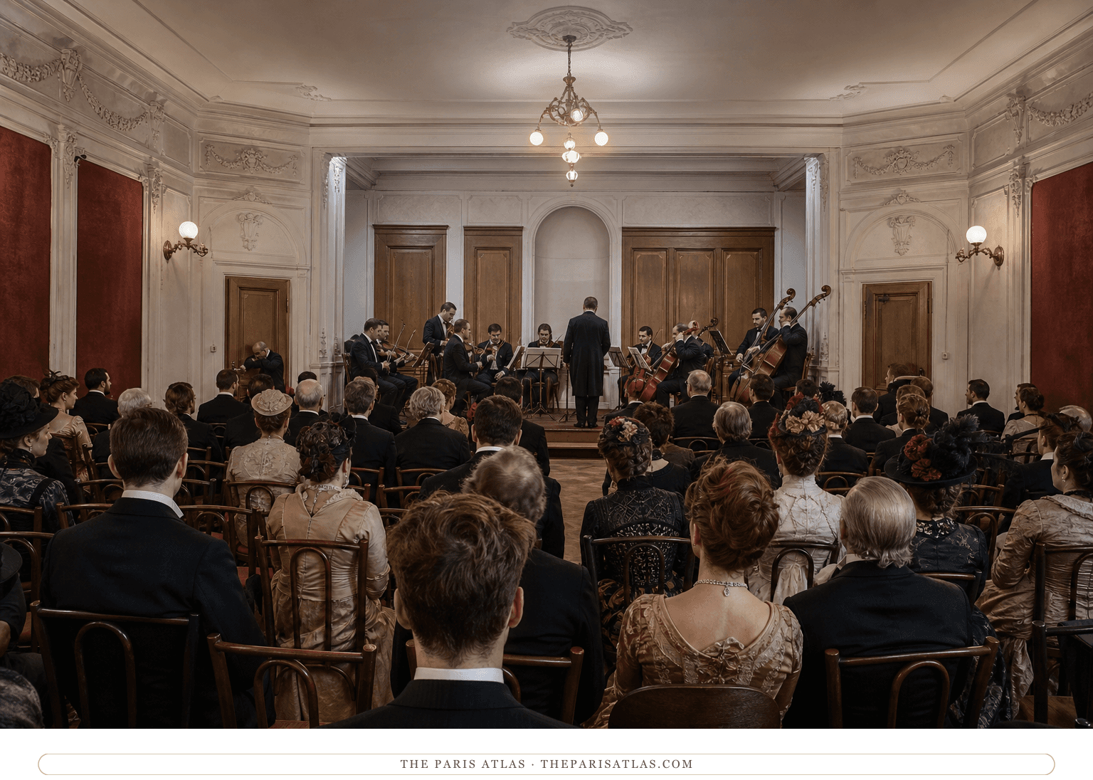 Colour photorealistic reconstruction of a modest Paris concert room around 1894