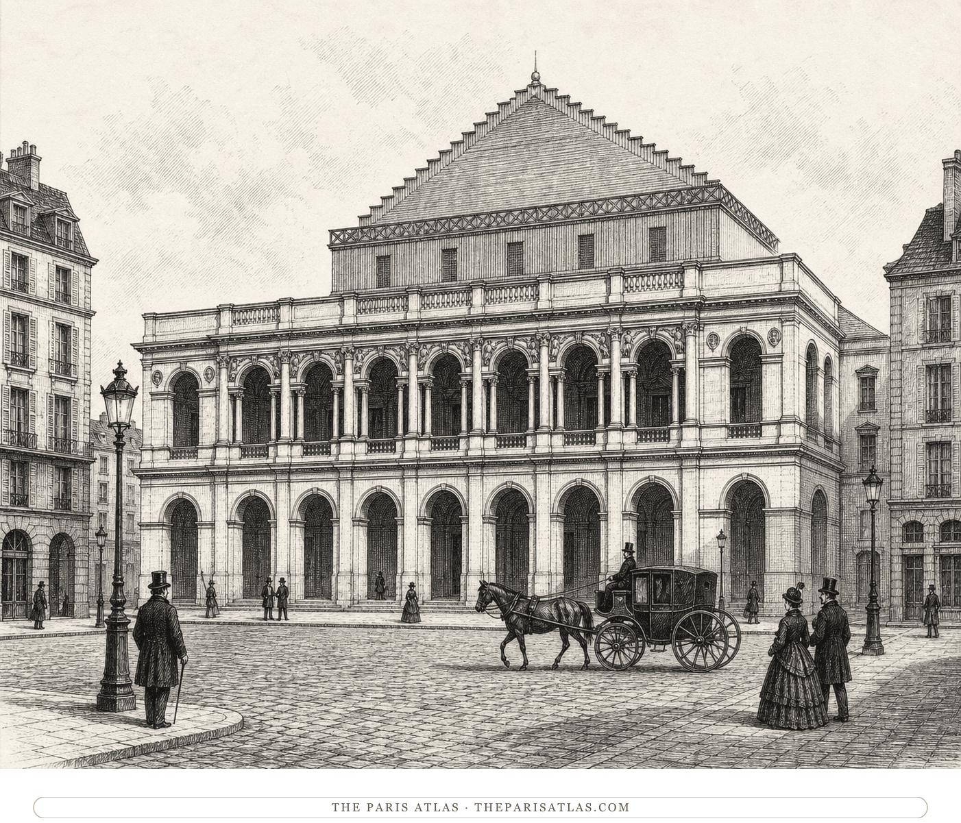 Black-and-white reconstruction of the Salle Le Peletier opera house around 1870