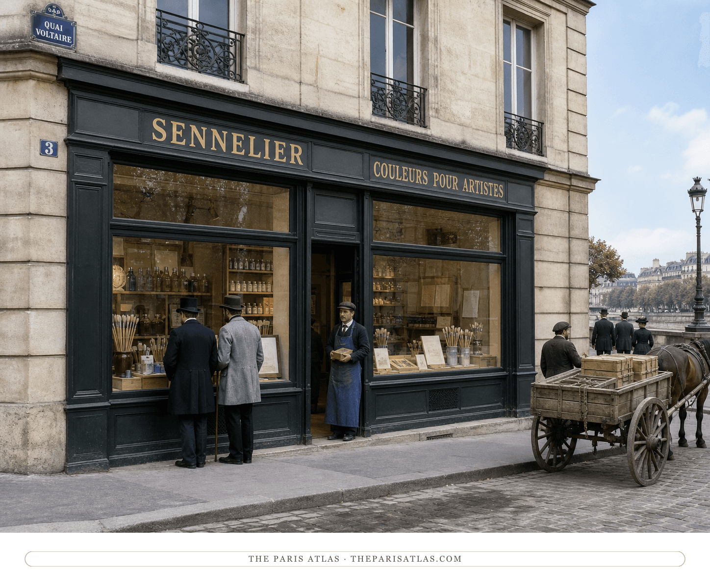 Natural-color reconstruction of the Sennelier storefront and quai Voltaire around 1890