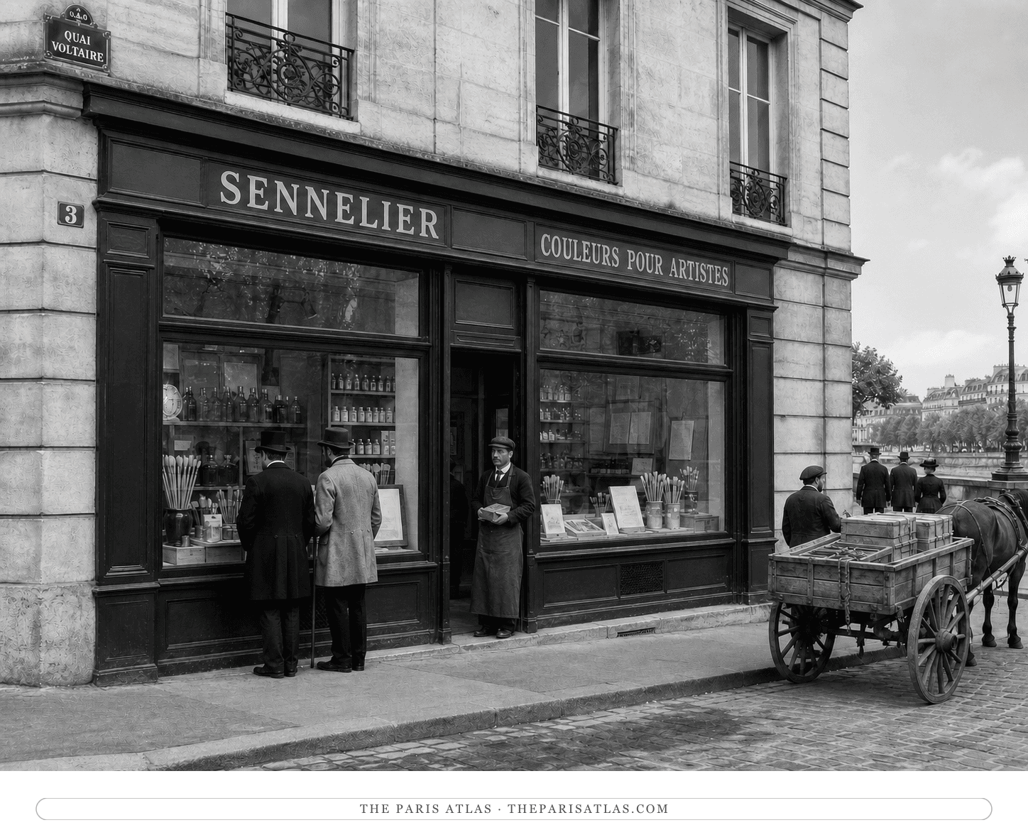 Black-and-white reconstruction of artists and a delivery cart outside Sennelier around 1890