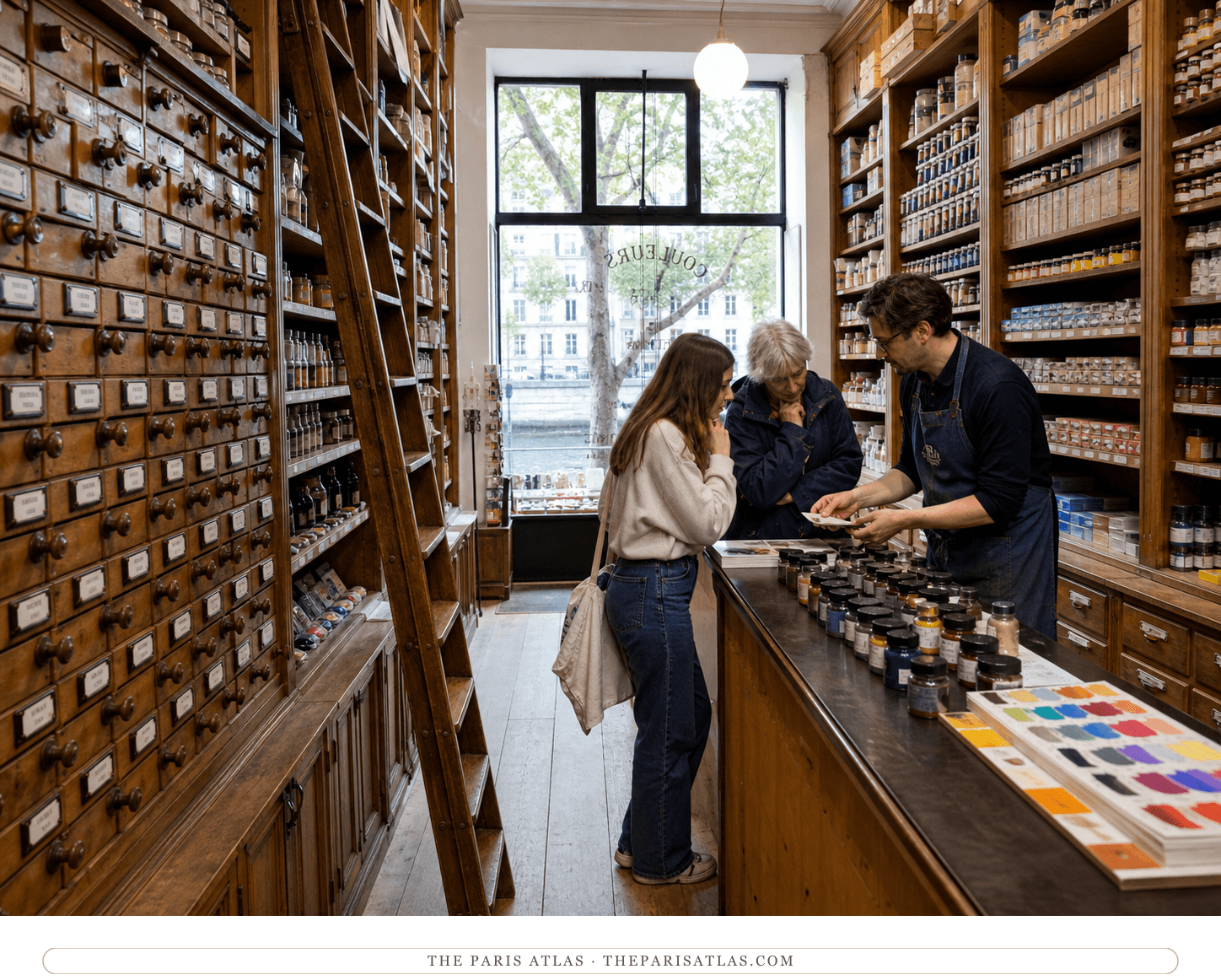 Artists consulting with a shopkeeper between Sennelier's tall oak drawers and pigment shelves