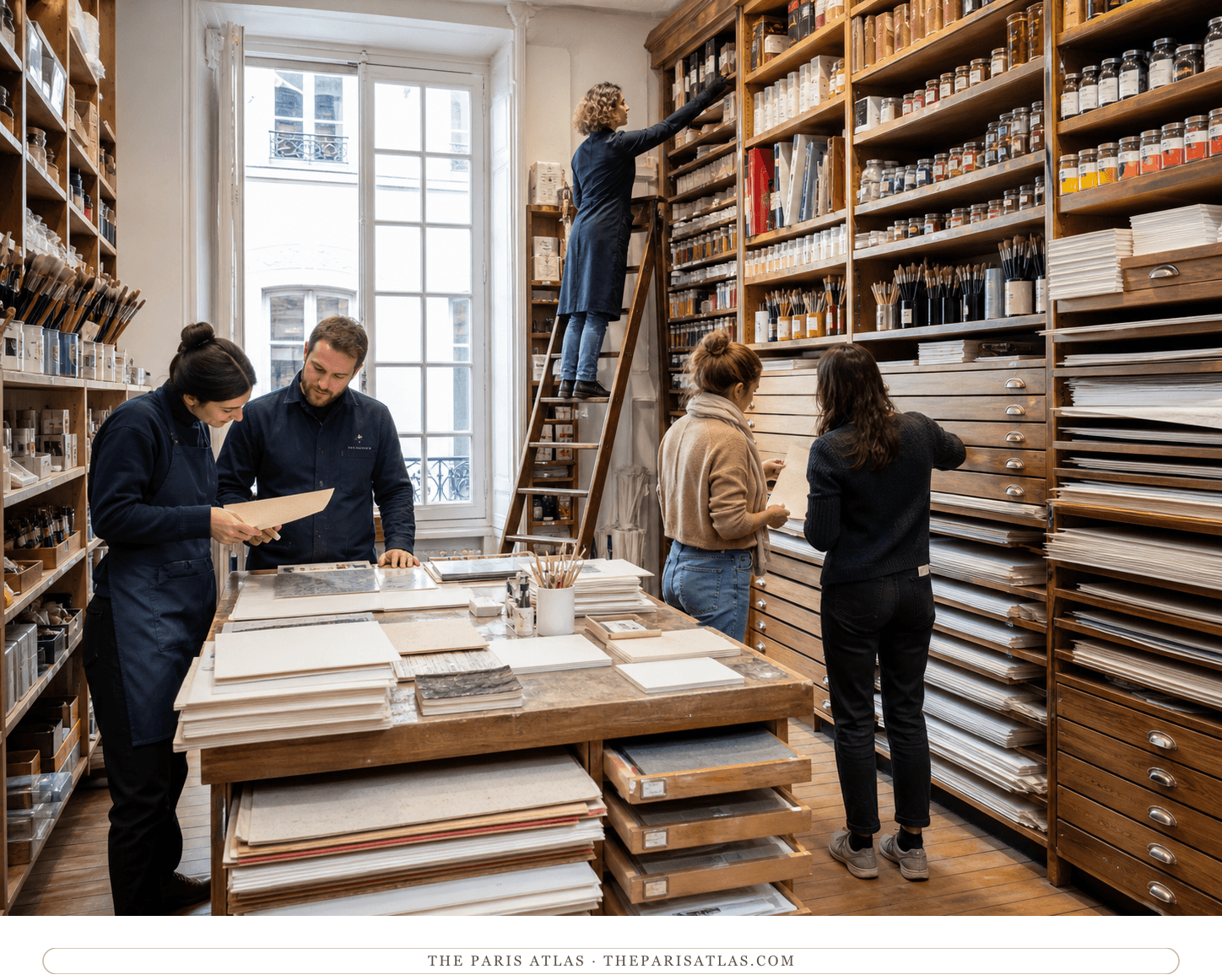 Staff and artists selecting papers in Sennelier's compact upper stock room