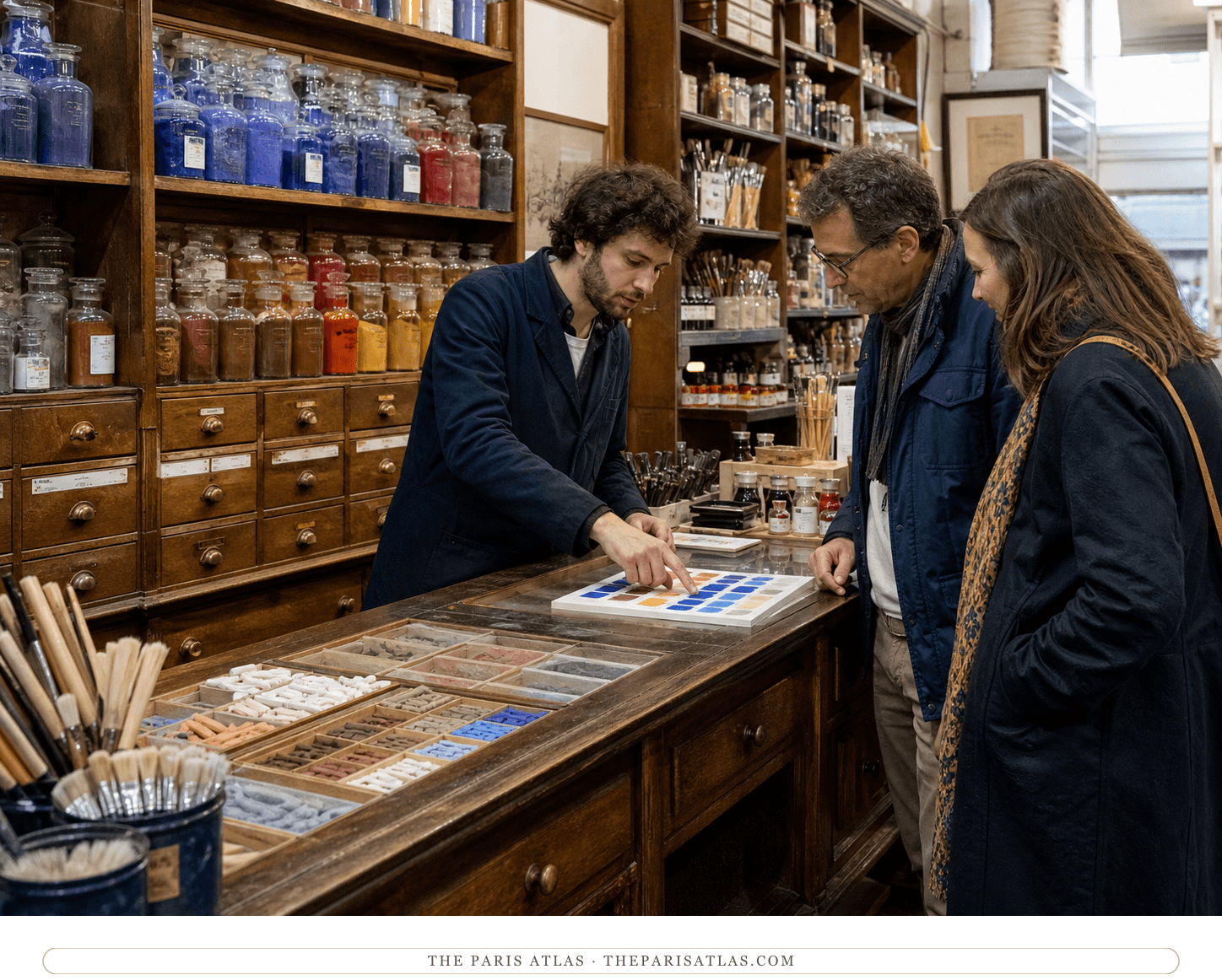 Shopkeeper demonstrating color samples at Sennelier's pigment and pastel counter