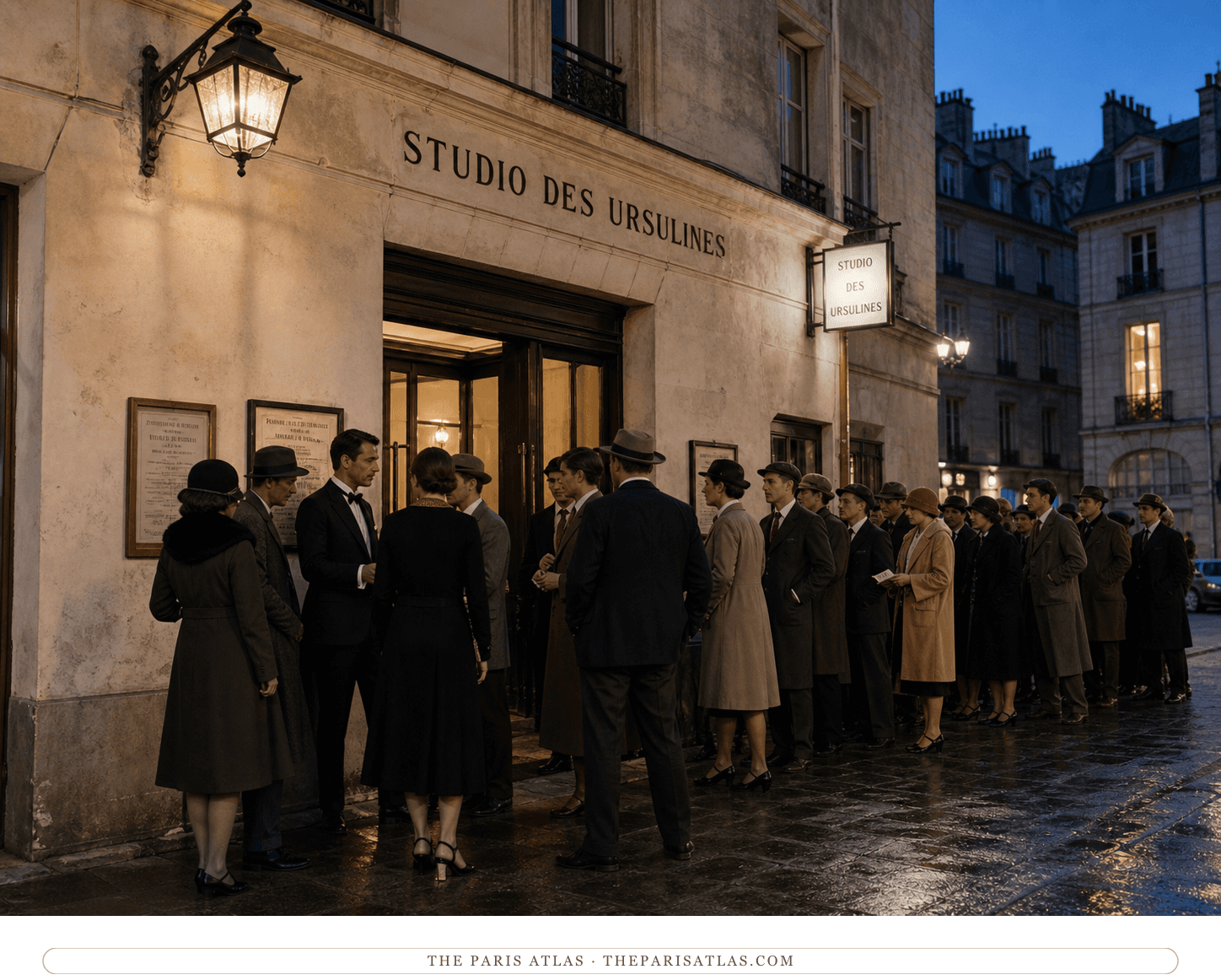 Natural-color reconstruction of a 1929 audience outside the illuminated Studio des Ursulines