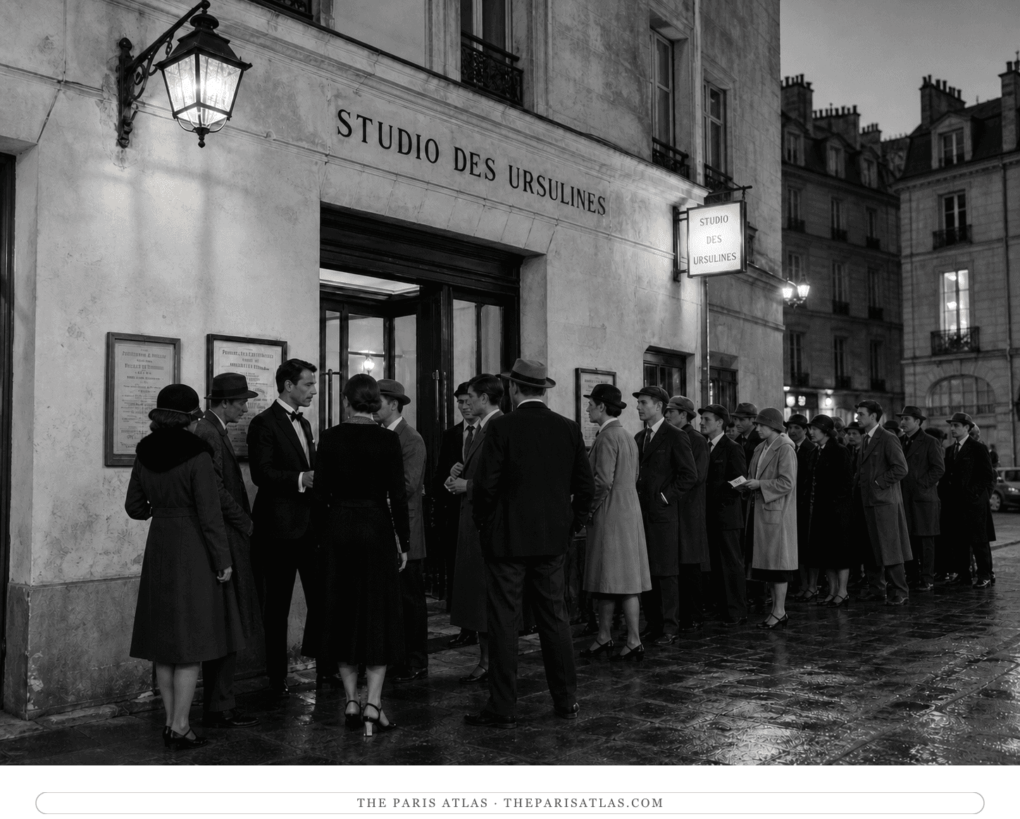 Black-and-white reconstruction of an audience arriving at Studio des Ursulines in June 1929