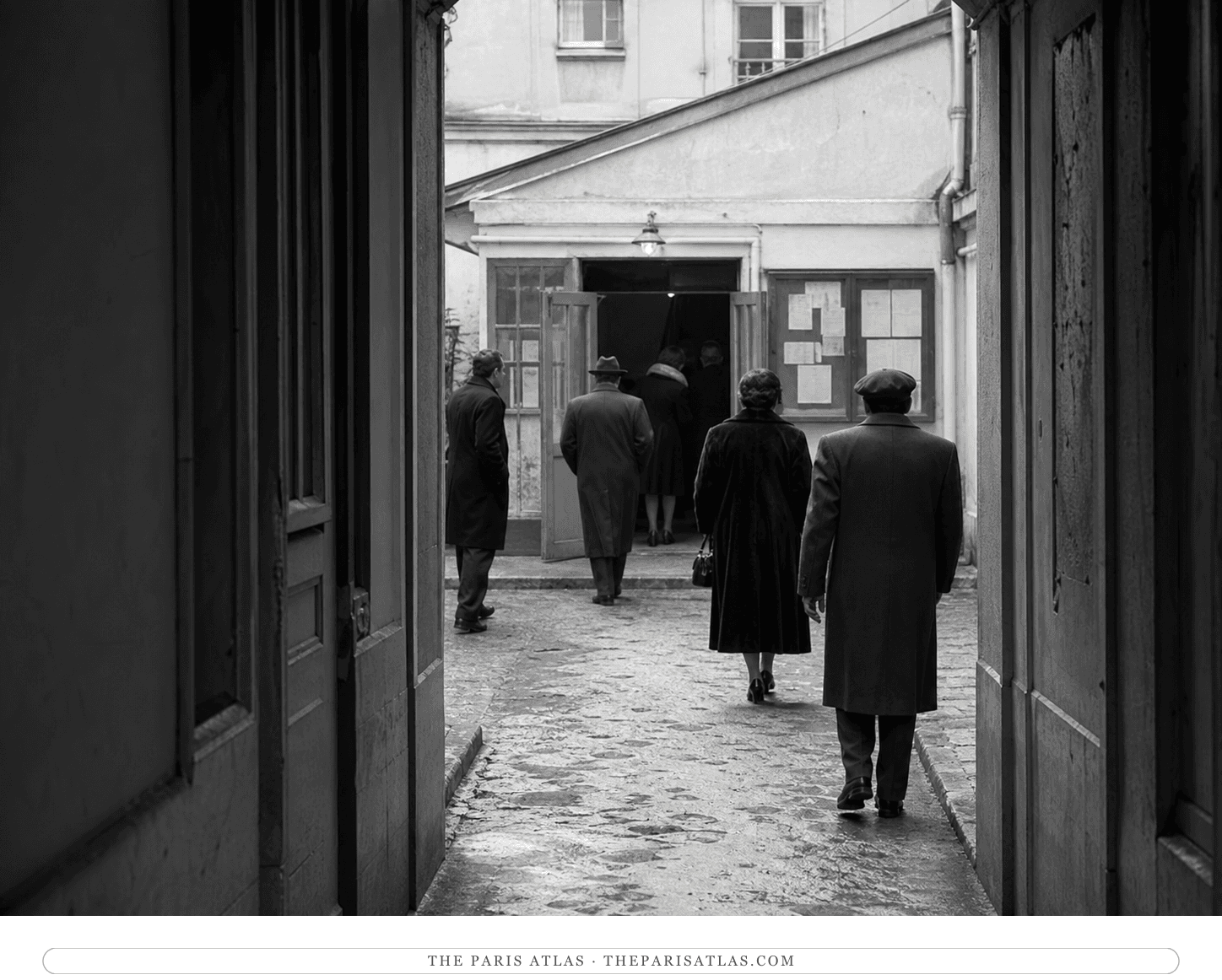Black-and-white reconstruction of theatre-goers crossing the courtyard in 1953