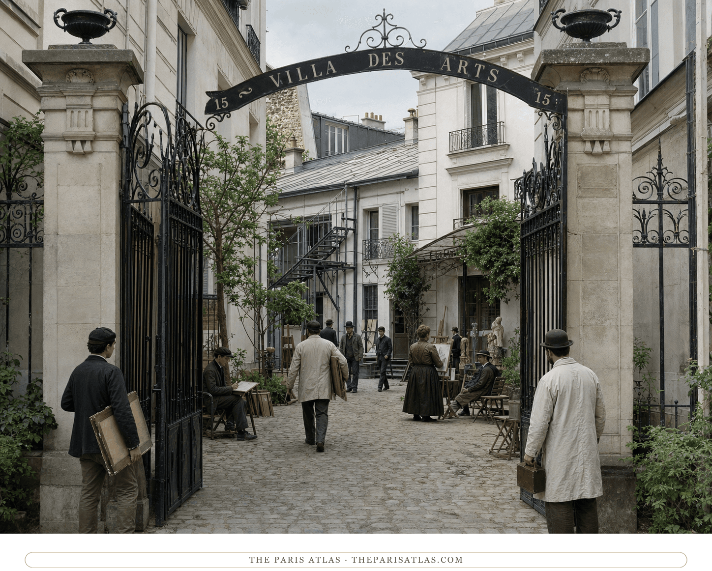 Anonymous artists working among the exterior studios and cobbled courtyard of Villa des Arts circa 1898