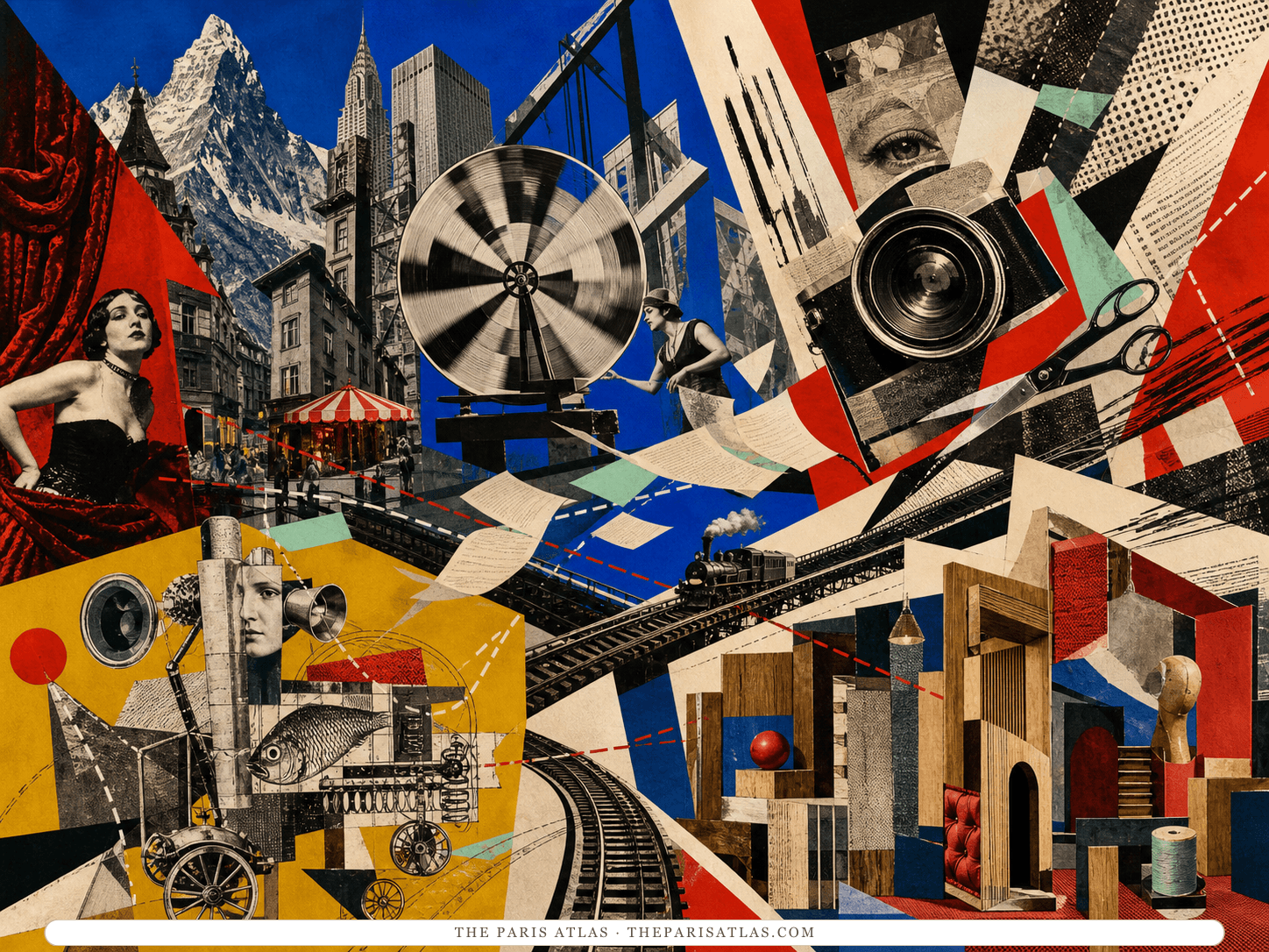 A vivid cut-paper photomontage joins Alpine streets, New York towers, a camera and scissors, train tracks, machines, and an abstract architectural chamber