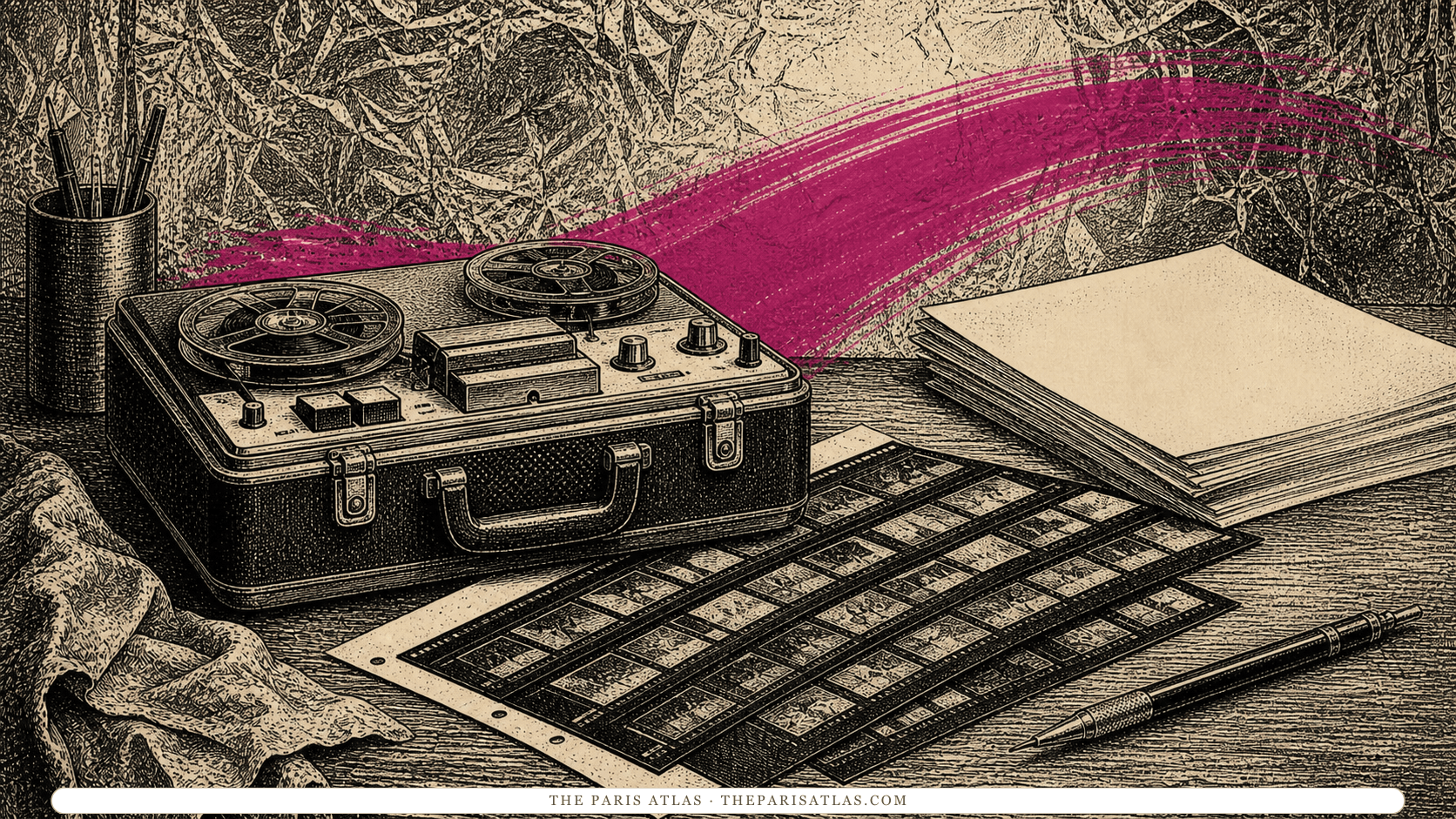 Pen-and-ink illustration of a reel-to-reel recorder, contact sheets, and a silver-walled studio