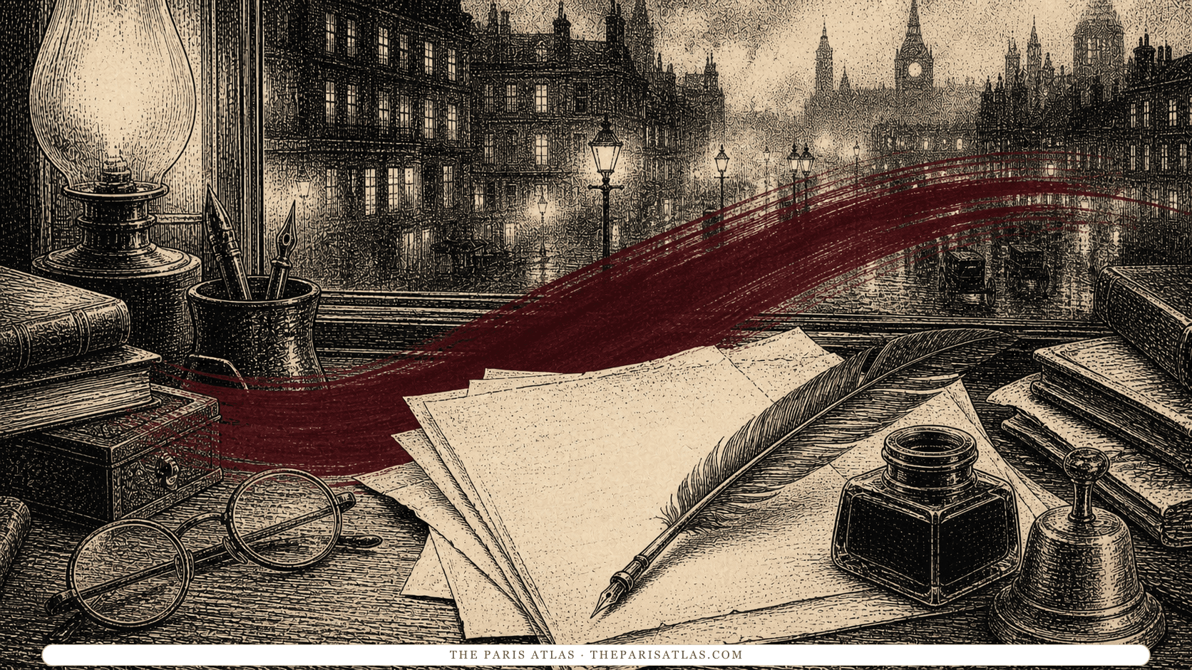 Pen-and-ink illustration of a Victorian writing desk overlooking gaslit London streets